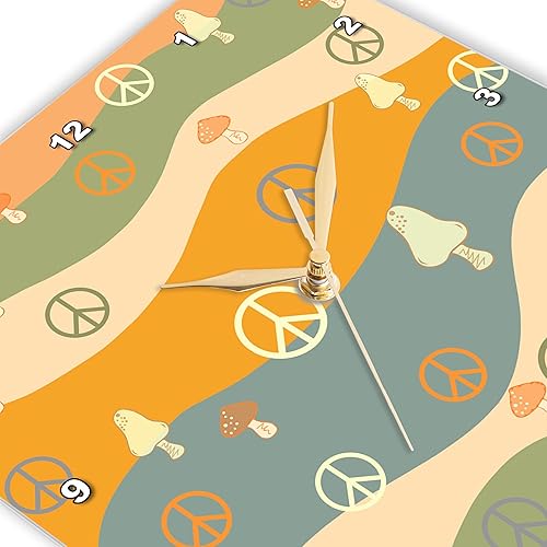 Miniatura 3 de 3dRose Wall Clock Silent - 15 inch - Peace Signs, Orange, Green, Peach Color, Steely Blue, Mushrooms, Retro, Wavy, Pattern - Patterns and Backgrounds