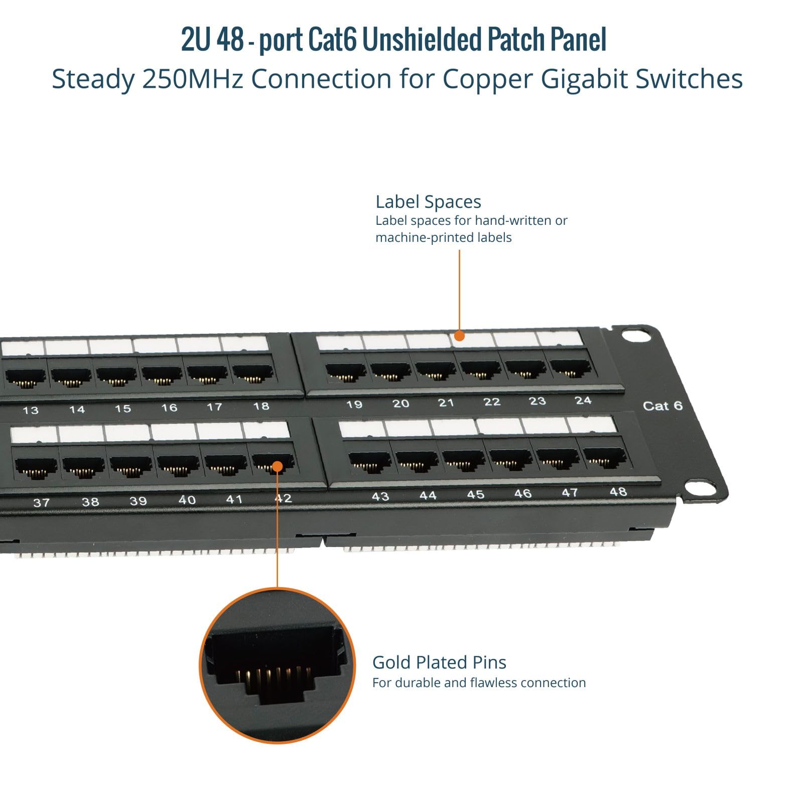 Tecmojo Pannello patch Cat6 a 48 porte elencato UL, Patch Panel di rete 2U per apparecchiature per montaggio su rack da 19", supporto 10G, non schermato