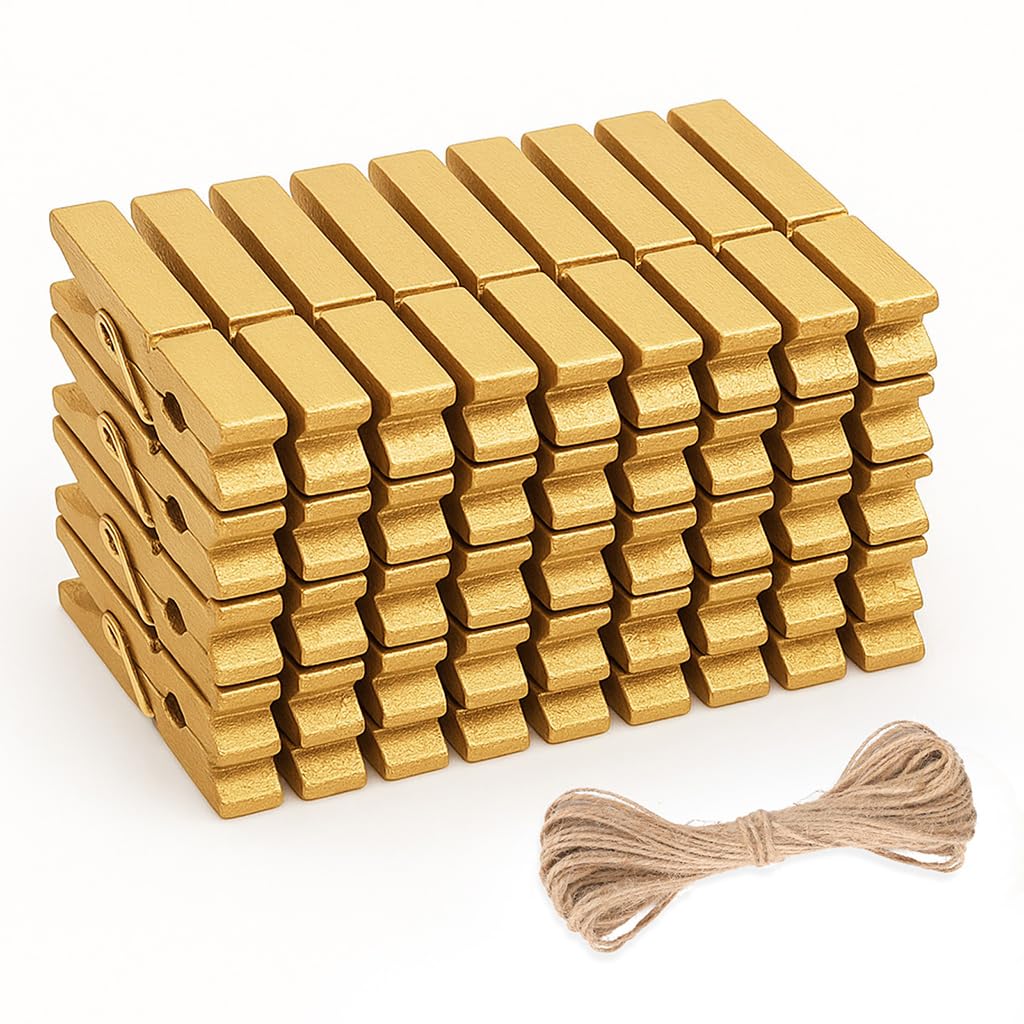 jijAcraft 7.2CM Gold Wooden Pegs 50PCS: Clothes Pegs for Washing Line, Wooden Washing Peg, Strong Laundry Peg for Arts and DIY Crafts, Hanging Photo, Socks, Baby Clothes