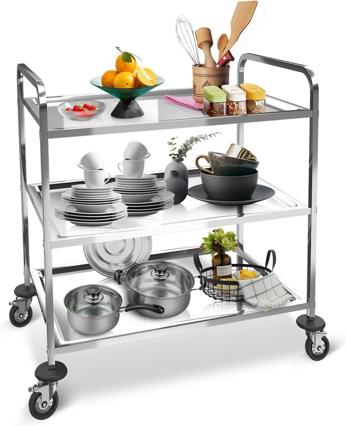 26701 Stainless Steel Cart 3 Tier, Utility Cart on Wheels, Kitchen Storage Cart, Service Carts for Restaurants, Kitchens, Warehouses, Hotels Commercial Use, 29.5" L *15.7" W *32.6" H.-image-30