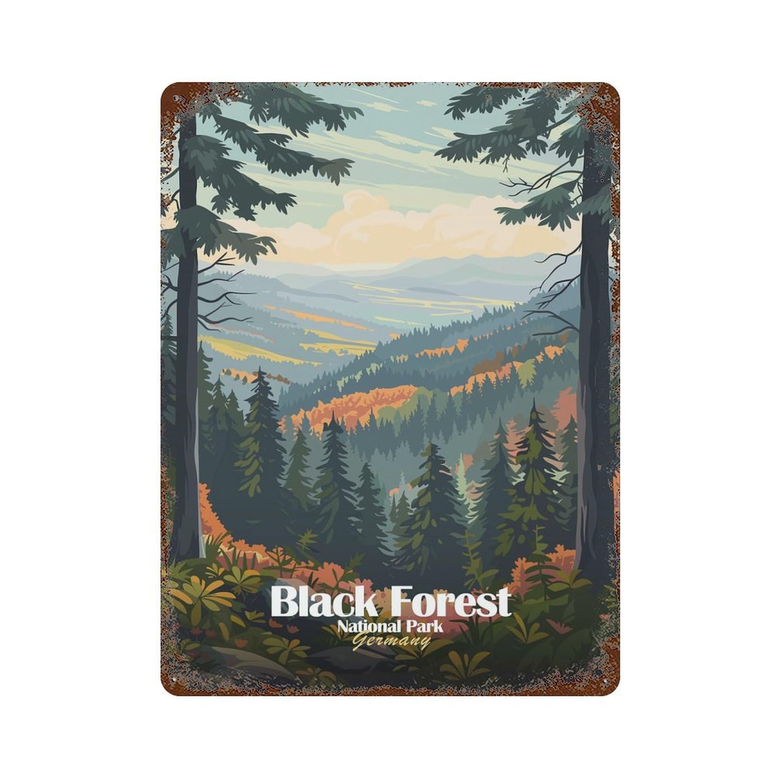 Garage Style Black Forest National Park Germany Aged Metal Wall Plaque 15.7"x11.8", Decorative Metal Wall Art for Bar And Workshop