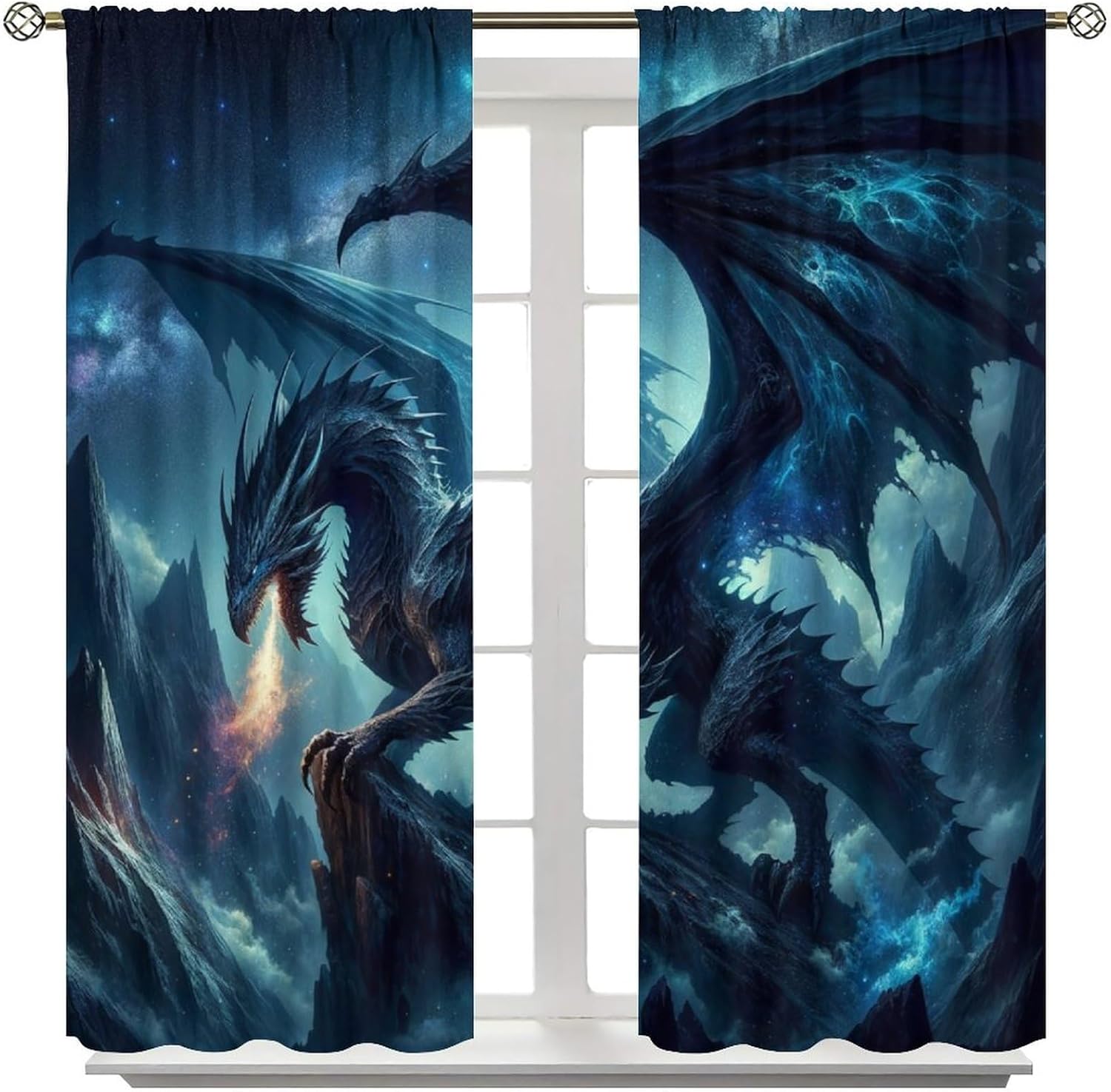 Dragon Blackout Curtains,Black Galaxy Magical Animal Dragon Pattern Drapes Window 2 Panel Rod Pocket Curtain for Boys Room Nursery Bedroom Decor 21" W X 45" L