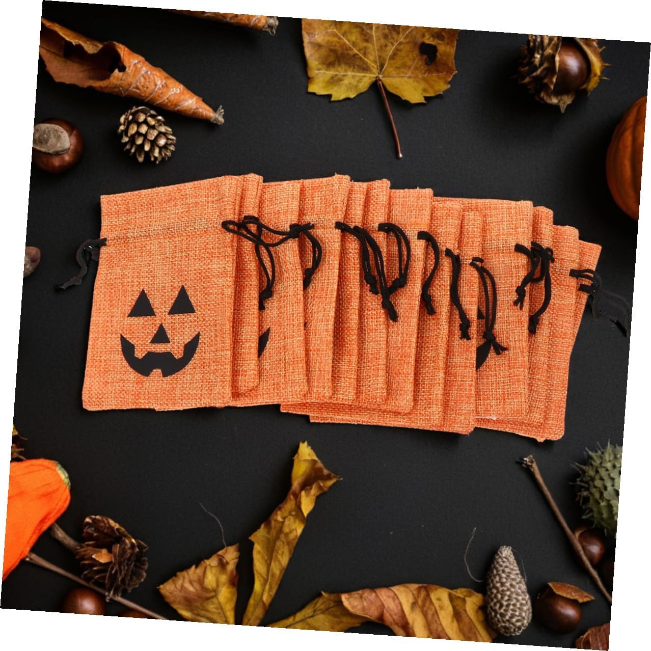FUNOMOCYA 50pcs Halloween Drawstring Goodie Bags Small Orange Burlap Pumpkin Treat Bags for Candy Party Favors Halloween Packaging Wrapping Supplies and Adults