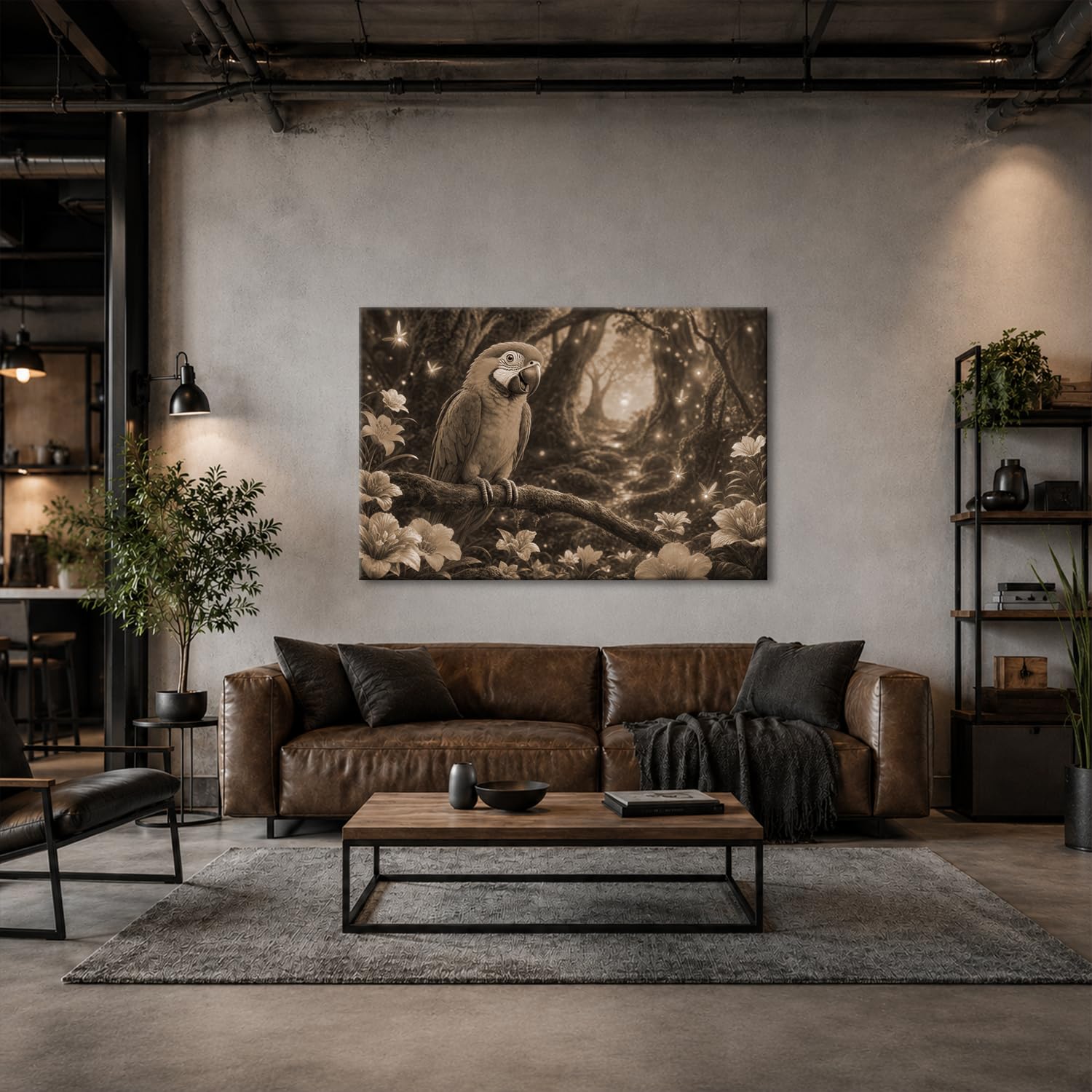 deyoli Obraz na płótnie Kolorowa papuga na drzewie w zaczarowanym lesie 100 x 70 cm Sepia | Format poziomy, jednoczęściowy druk artystyczny XXL, obraz na blejtramie, obraz na płótnie, obraz ścienny, dekoracja salonu