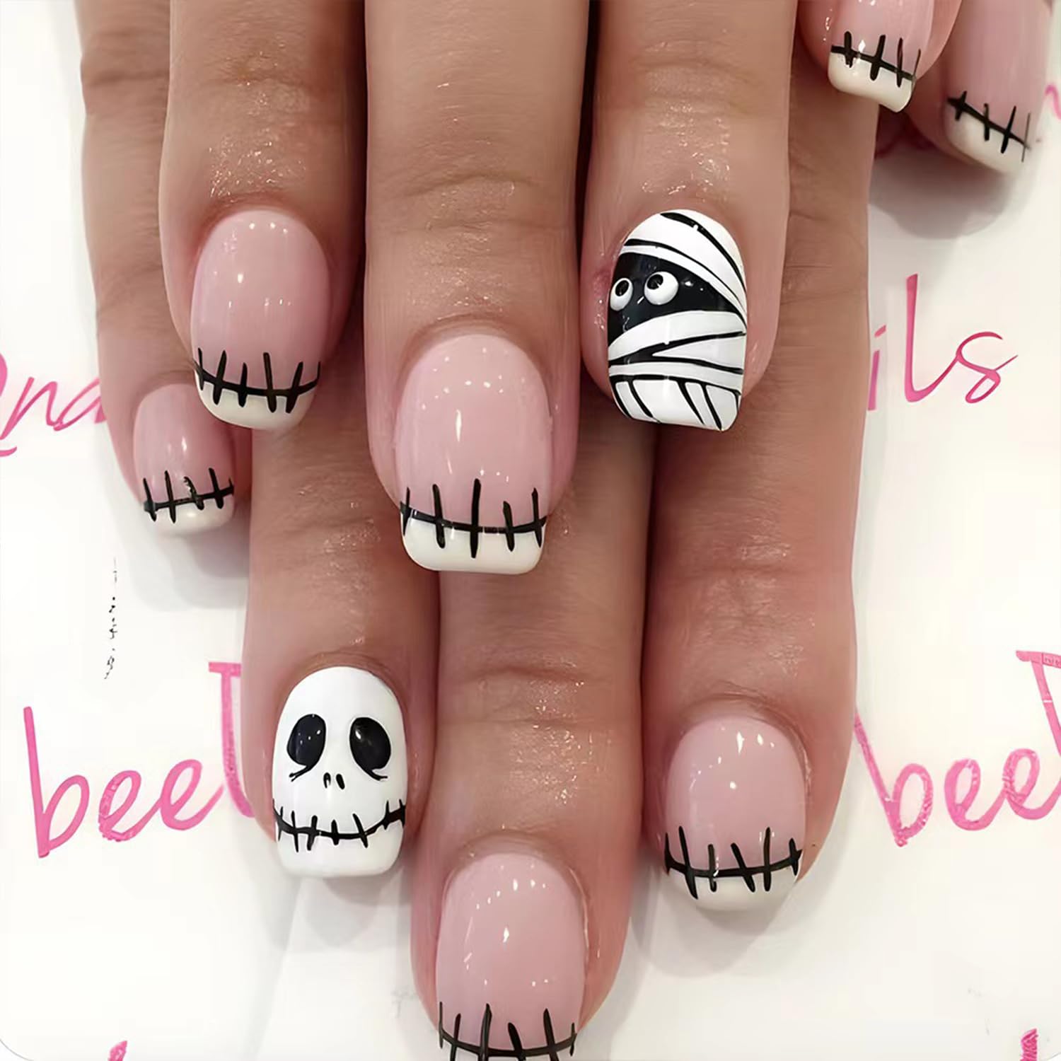 6 Packs (144 Pcs) Halloween Press On Nails Spooky Short Square Fake Nails