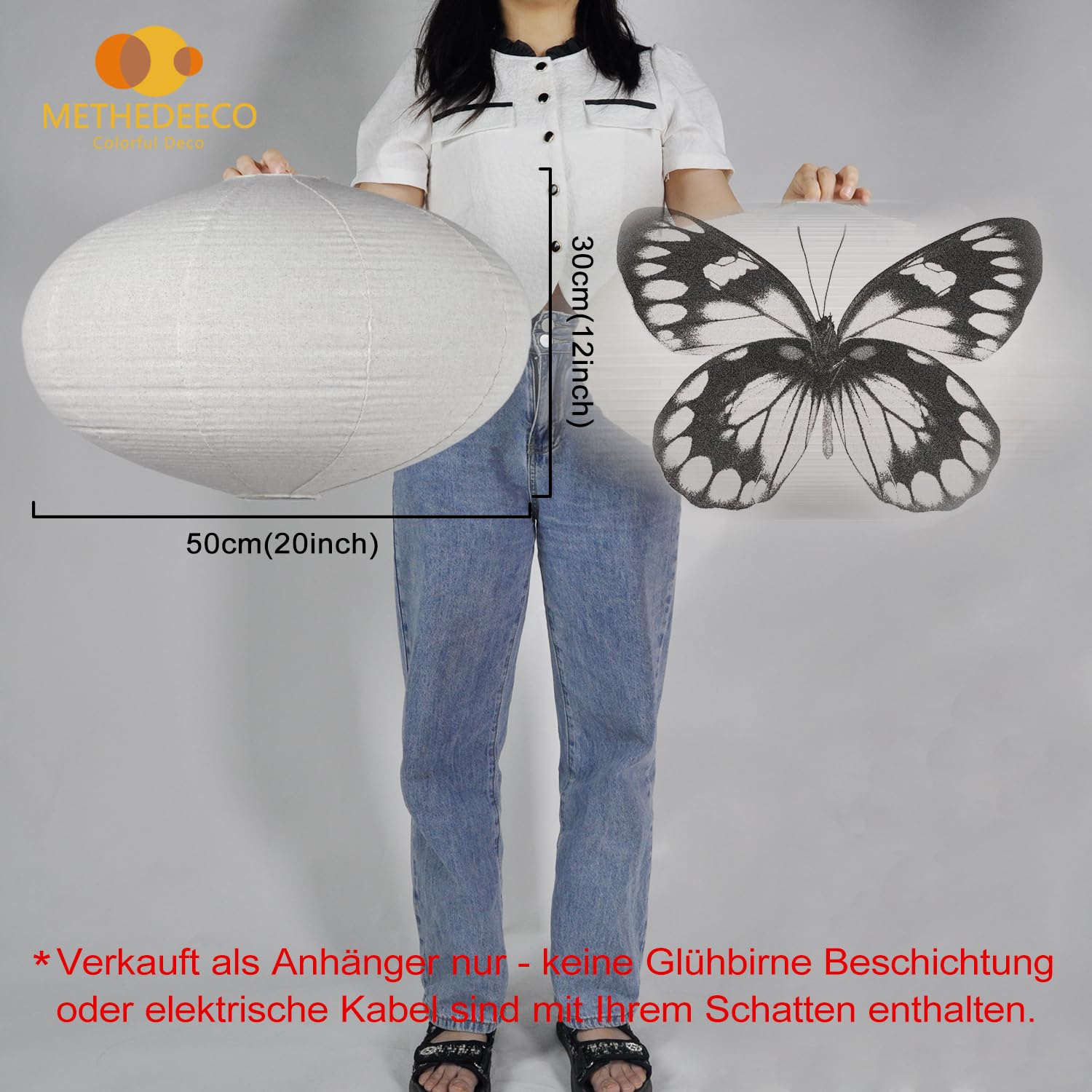METHEDEECO 1 Pantalla colgante ovalada de 50 cm en tela efecto lino, bohemio pantalla para lámpara de techo para salón, dormitorio y comedor, luz suave, sin bombilla ni cable