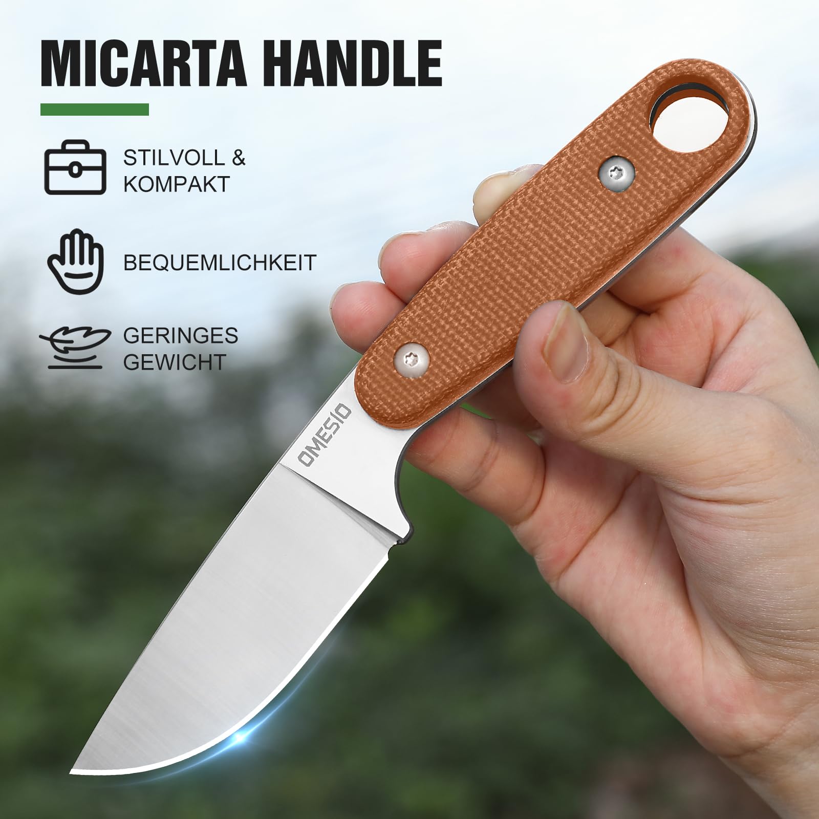 Omesio Coltello Outdoor 14C28N Lama Acciaio, Micarta Manico, Boscaglia Fodero Kydex, Clip Cintura, Sopravvivenza EDC, Escursioni, Campeg