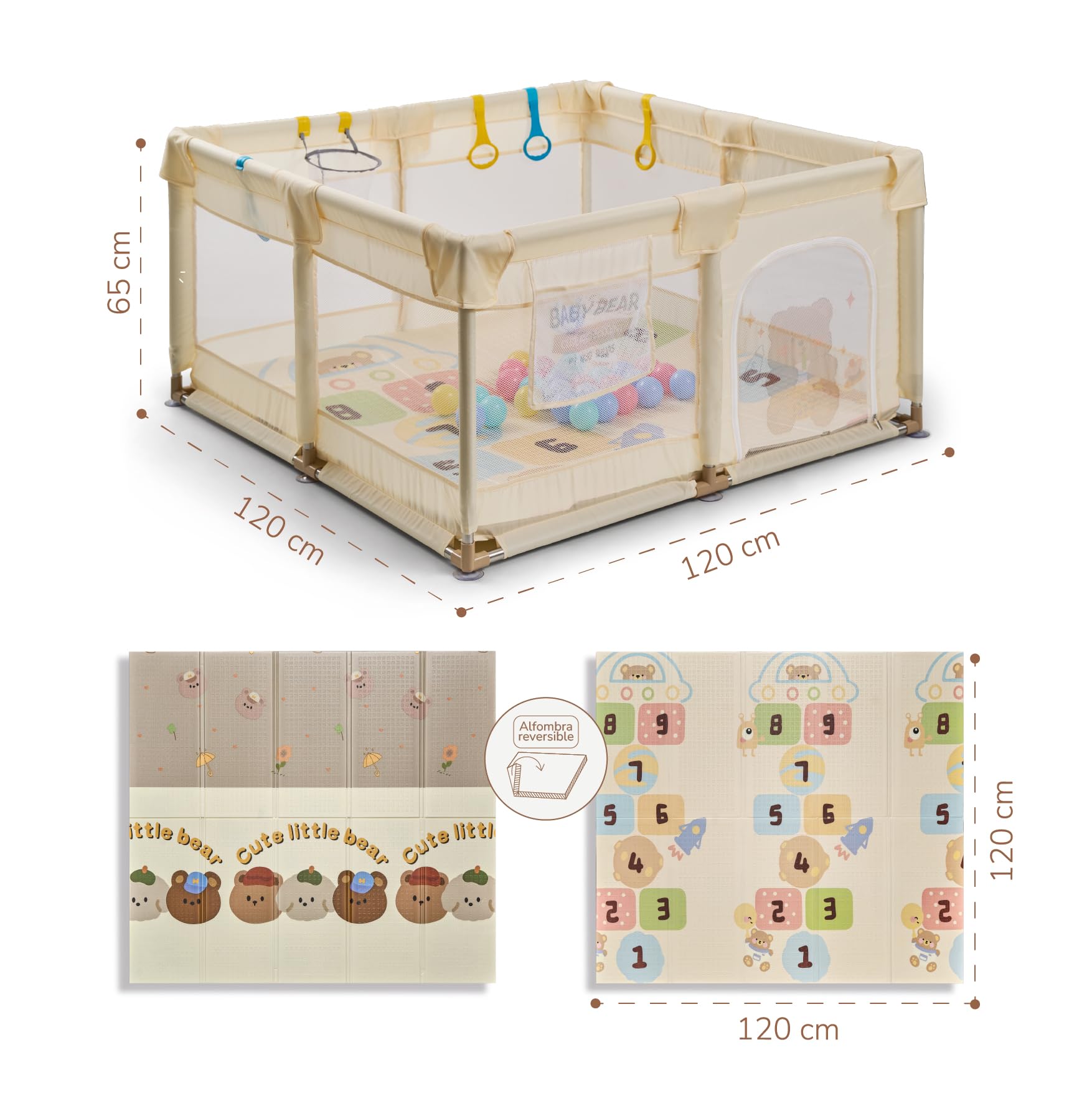 Buddy Baby Parco per bambini 120 x 120 cm pieghevole con rete traspirante e porta laterale vaniglia