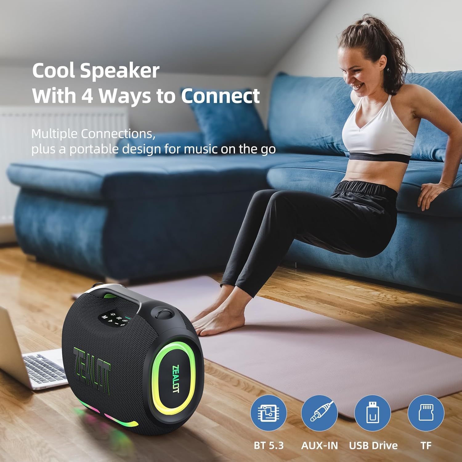 A person using the ZEALOT ZE01 speaker indoors, with icons indicating Bluetooth, AUX-IN, USB Drive, and TF card connectivity options.