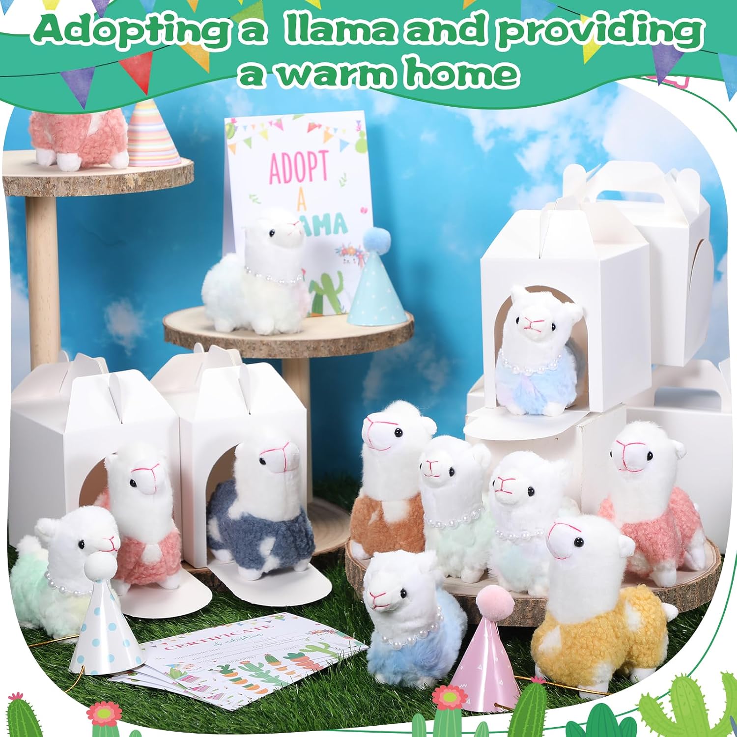 Hollowfly 73 Pcs Adopt a Pet Party Favors Set Include 18 Mini Llama Stuffed Animal 18 Adoption Certificates 1 Adopt Signboard 18 Birthday Hats 18 White Foldable Boxes