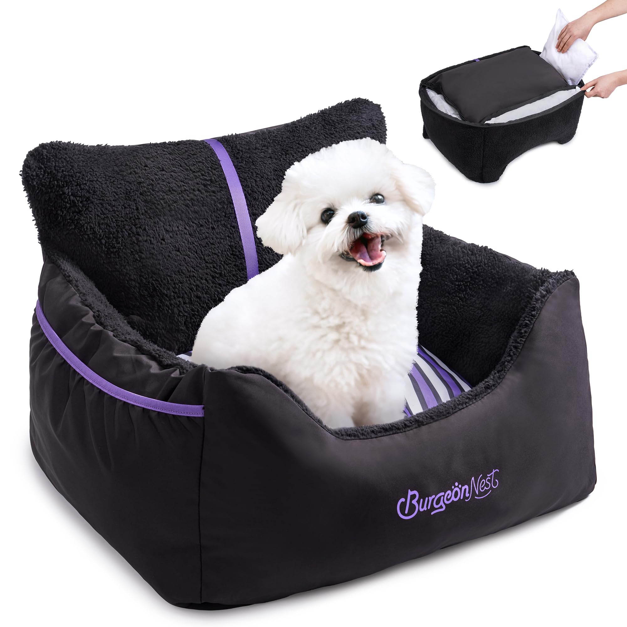 BurgeonNest Dog Car Seat for Small Dogs, Detachable and Washable Cat Carseats Under 25 lbs, Soft Pet Booster Seats with Storage Pockets and Clip-On