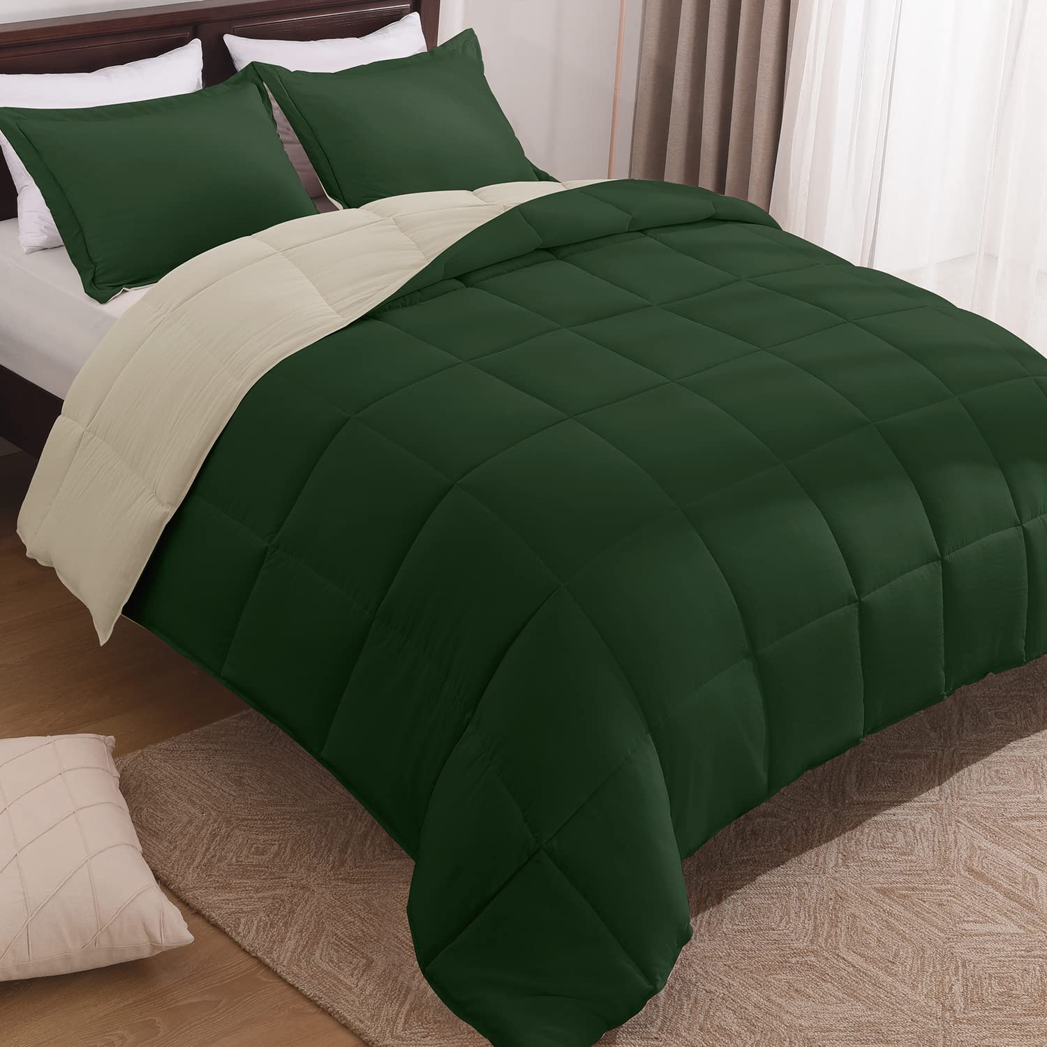 Basic Beyond King Size Comforter Set - Fluffy King Bed Comforter Set for All Seasons - Reversible Forest Green King Size Comforter Set - 3 Pieces (1 Comforter + 2 Pillow Shams) - Forest Green/Ivory