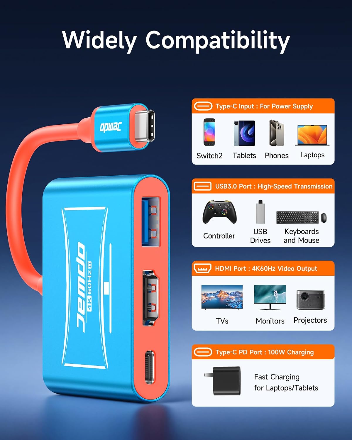 JEMDO Portable Switch 2 & OLED TV Dock, Type-C 4K@60Hz HDMI Gaming Adapter | 18Gbps High-Speed Bandwidth, 100W PD Fast Charging, USB 3.0 Expansion, Upgradable Anti-Ban Firmware, Ultra-Low Latency 11
