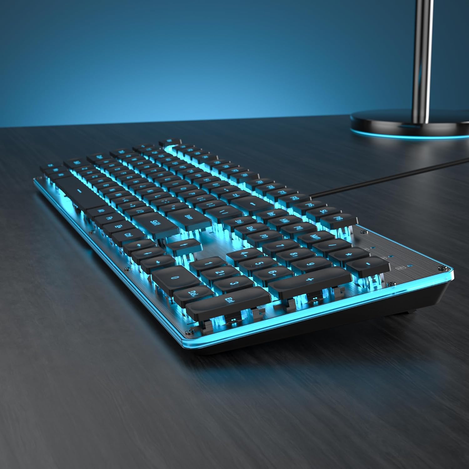 Owpkeenthy Black Computer Keyboard, Full-Size Typewriter Ice Blue Backlit Quiet Office Gaming Keyboard with Cool Square Punk Keys Metal Panel for Laptop，PC Desktops (104 Black)