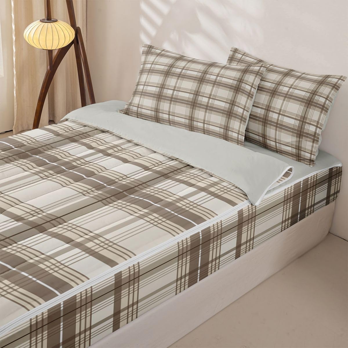 Erosebridal Khaki Plaid Kids Zipper Bedding Set Twin Brown Beige Gingham Comforter Set for Boys Girls Teen Classic Checkered Grids Zip Up Bedding Sets Geometric Preppy 3 Pcs Bed in a Bag