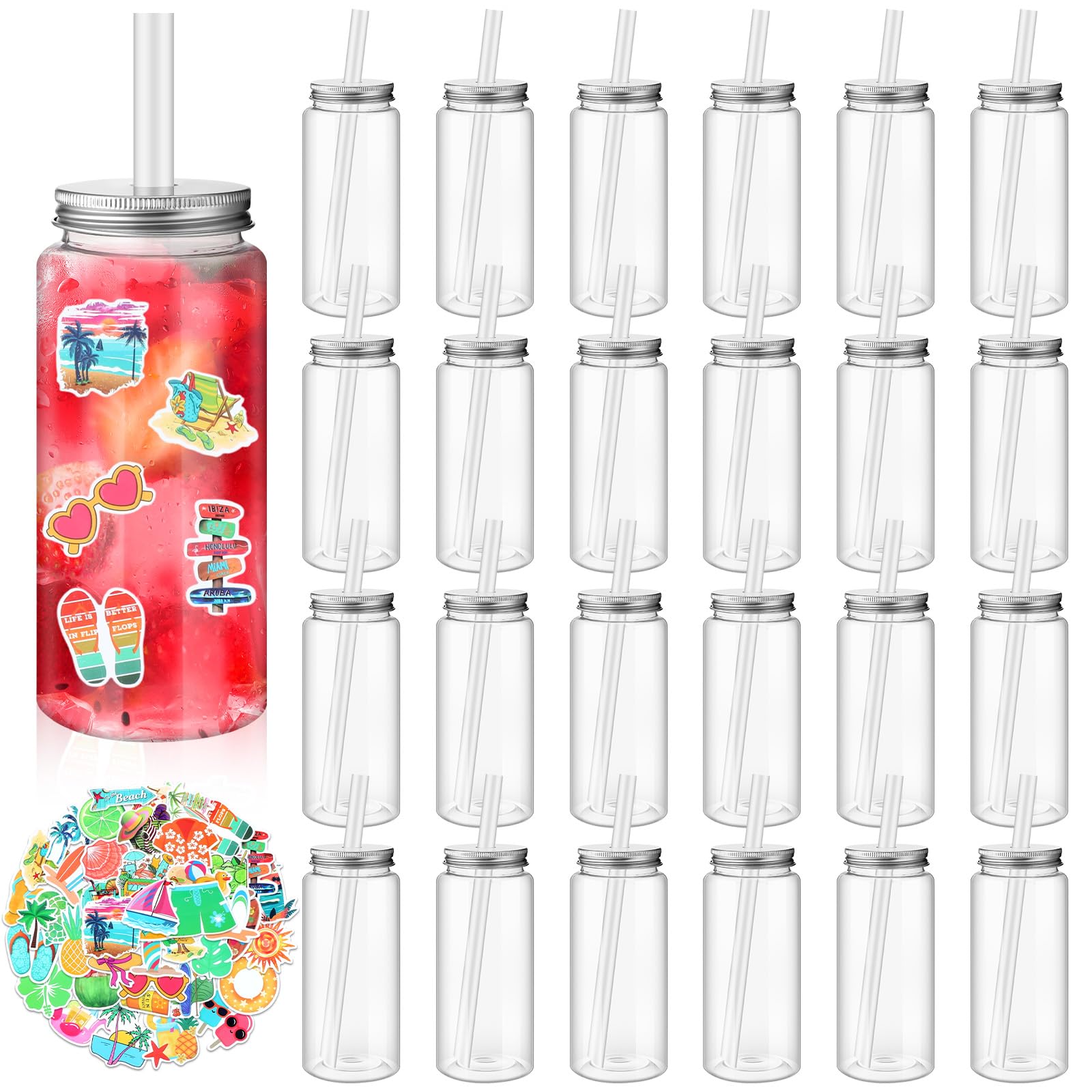 Jingmore 24 Pcs 14oz Plastic Mason Jar Bottles with Straws Lids Clear Cute Reusable Drinking Cups and 86pcs Summer Stickers for Water, Tea, Juice, Beer, Summer Hawaiian Beach Party Supplies