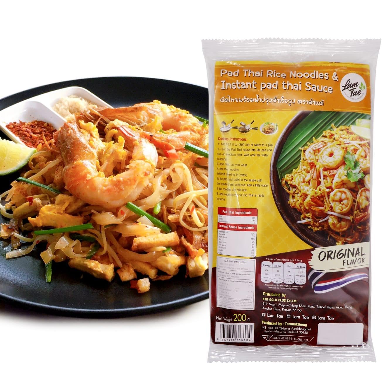 Lam Tae Pad Thai Meal Kit – Thai Rice Noodles with Instant Pad Thai Sauce – Authentic Stir-Fry Flavor – Ready-to-Cook Asian Meal – Available in Pack of 1, 3, or 6 – 200g Each (7.05 Ounce (Pack of 1), 6, Count)