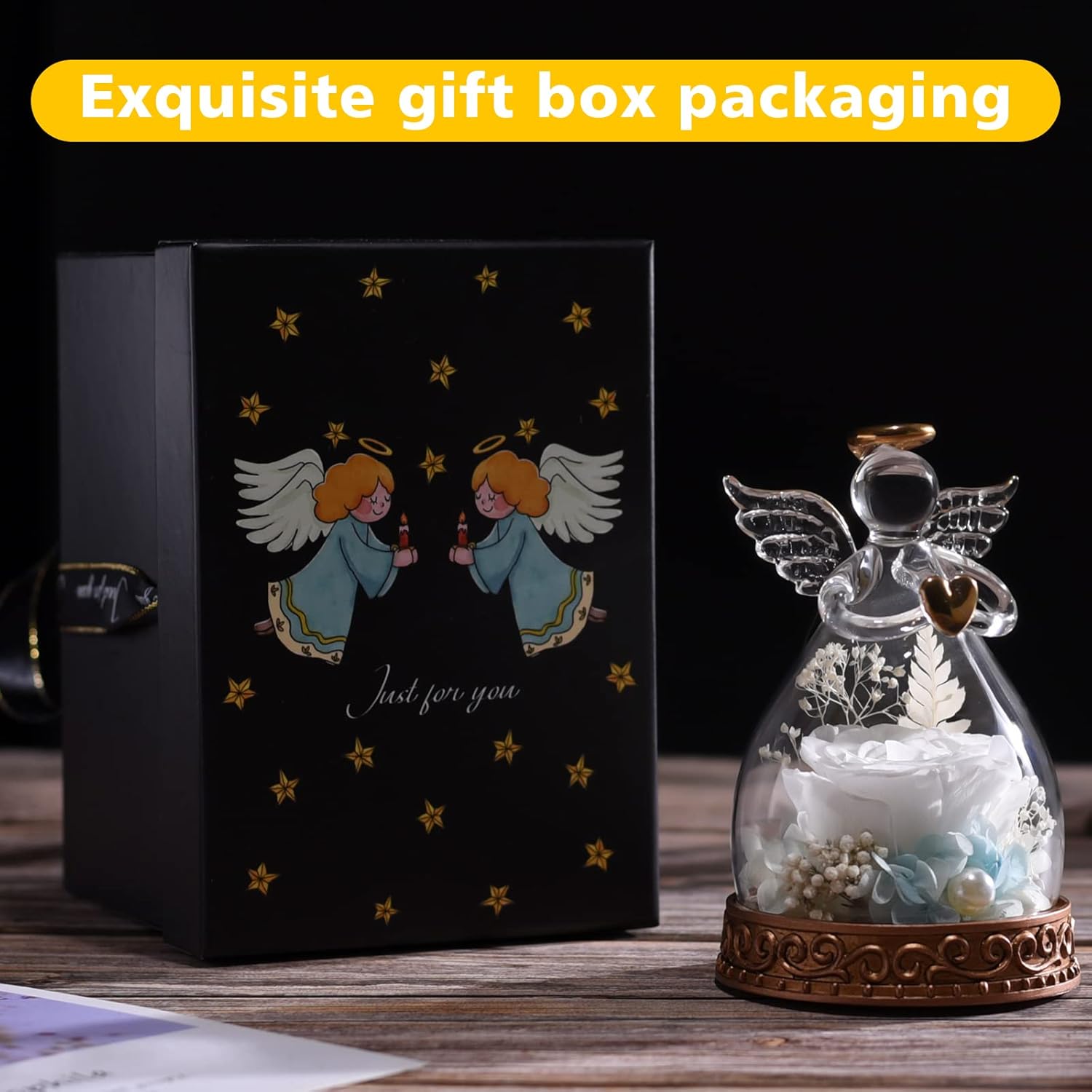 Preserved Real Rose in Glass Angel Figurine with LED Light, Angel Gifts for Women, Mom, Grandma on Mother's Day Christmas Birthday (White) - Image 7