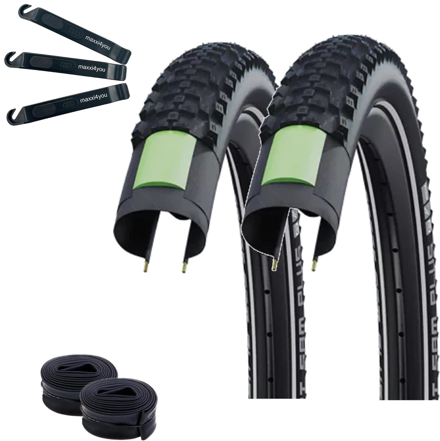 2 x Schwalbe Smart Sam Plus Performance E-50 DD Greenguard Schwarz-Reflex 47-622 (28 x 1,85) + 2 x Schwalbe Schläuche AV17 inkl. maxxi4you Reifenheber
