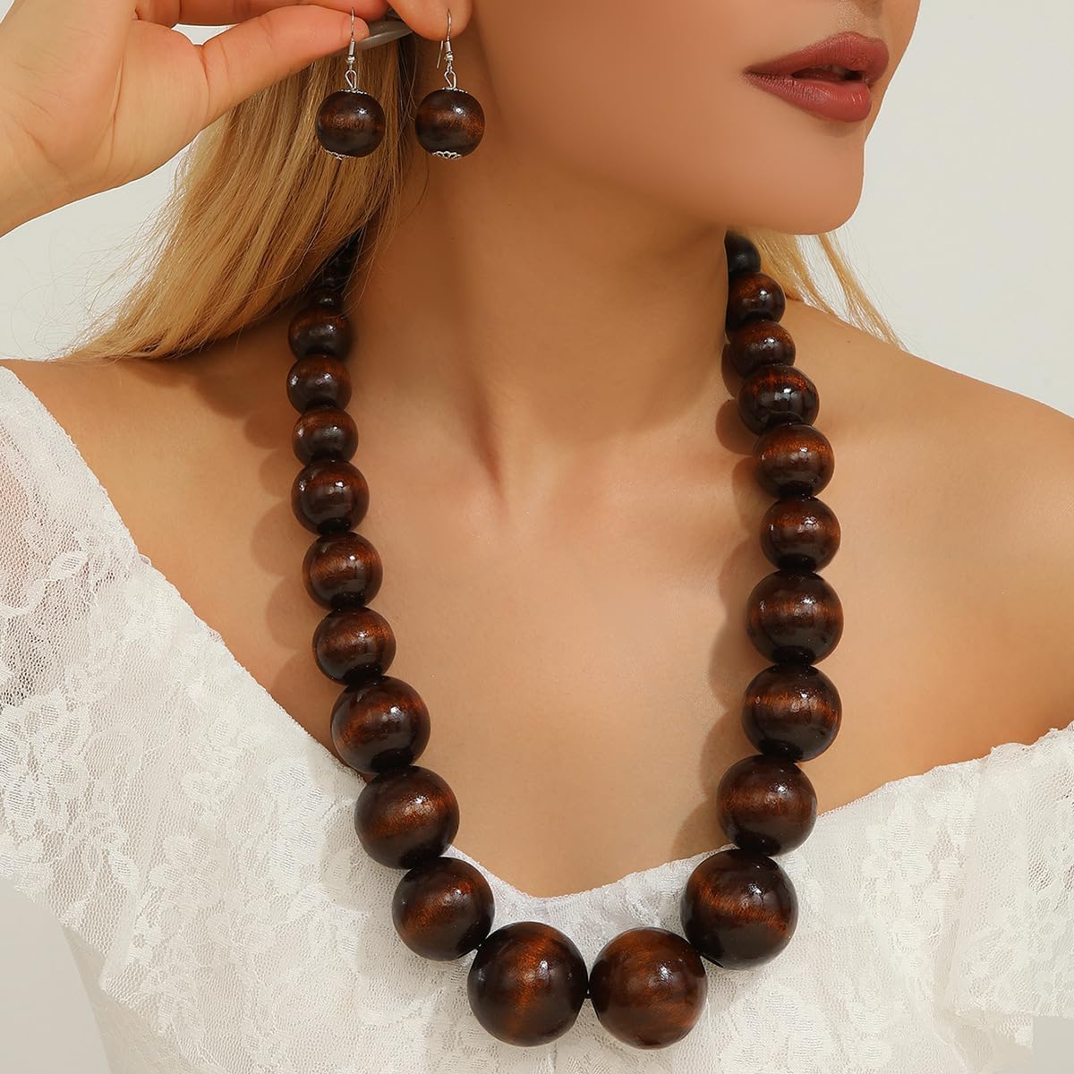 Colorful Ethnic Natural Wood Round Beaded Necklaces Earring Set For Women Africa Bohemian Retro Chunky Necklace Costume Statement Vibrant Retro Fashion Accessory - Image 2