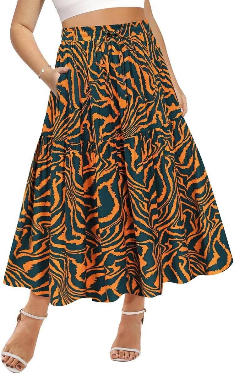 CARCOS Plus Size Skirts for Curvy Women Elastic High Waist Boho Maxi Skirt Pleated A-Line Tiered Long Skirts with Pockets