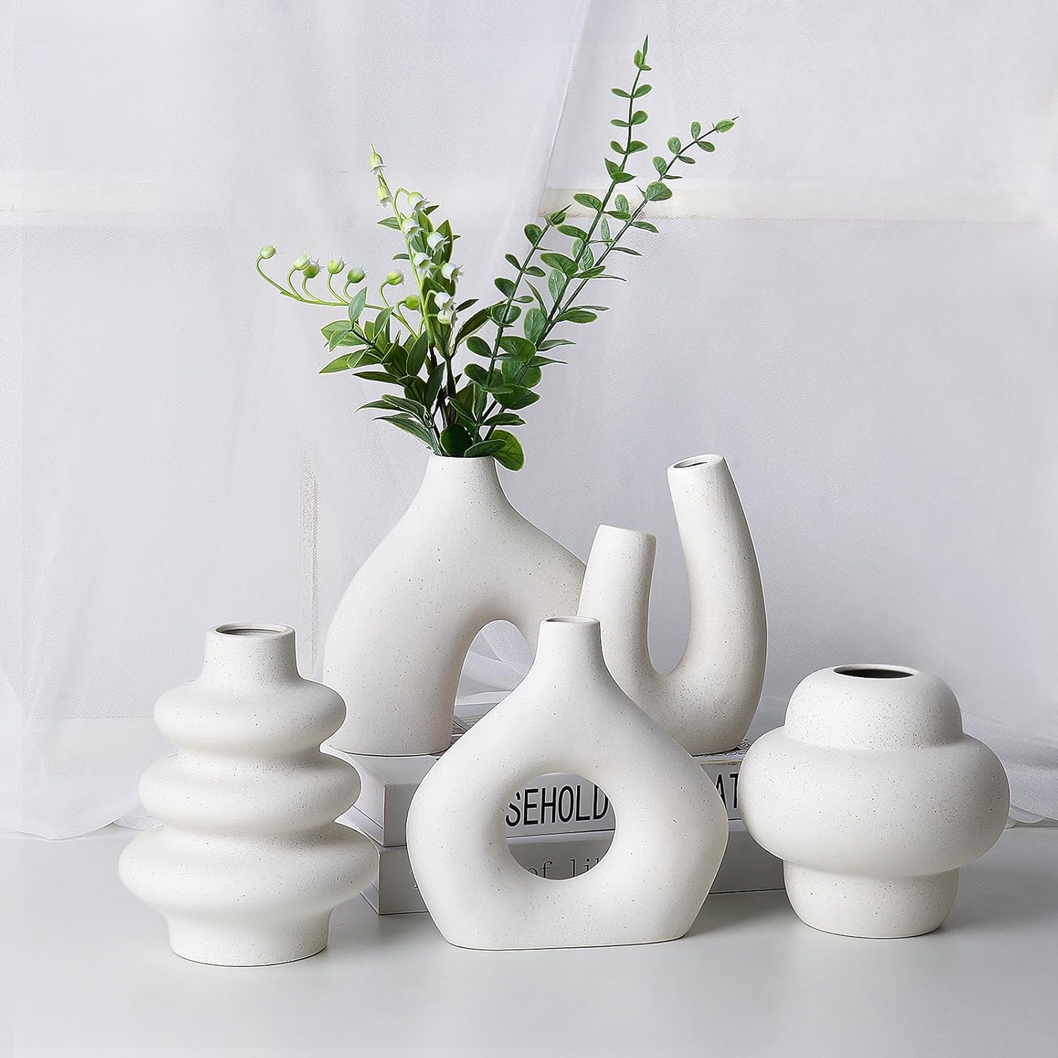 CUCUMI Ceramic Flower Vase Set of 5 Modern Nordic Boho Style Decorative Vases Home Decor, Matte Ceramic Decorations for Living Room Shelf, Bookshelf Mantle Entryway Table or Console Décor