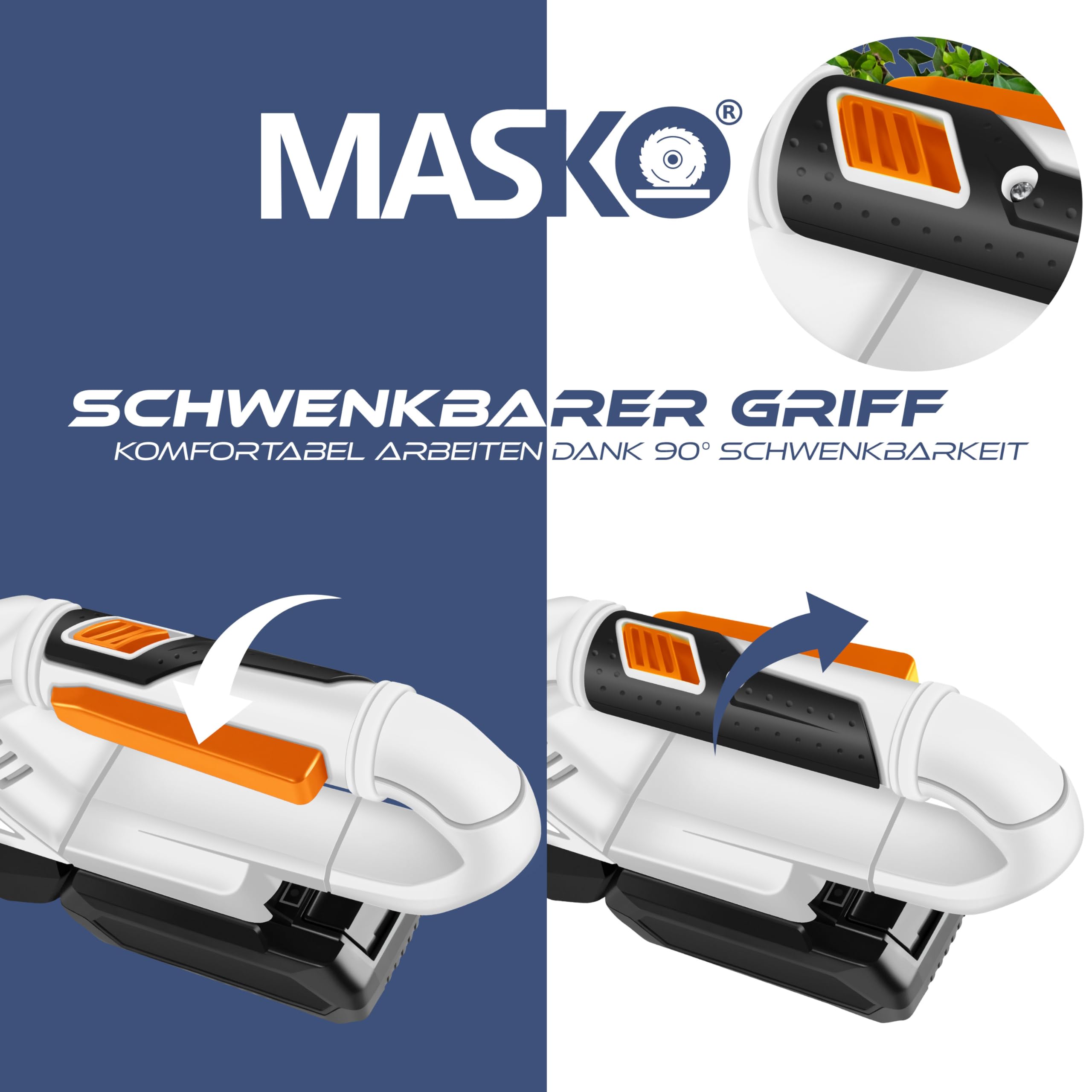 MASKO® Akku Heckenschere Profi Hecken & Strauchschere 57cm Schnittlänge Inkl. Handschuhe, Schutzhülle & 21V Akku 2,0 Ah mit Ladegerät, 27mm Zahnabstand Dual Schnittklingen Verstellbarer Griff Weiß