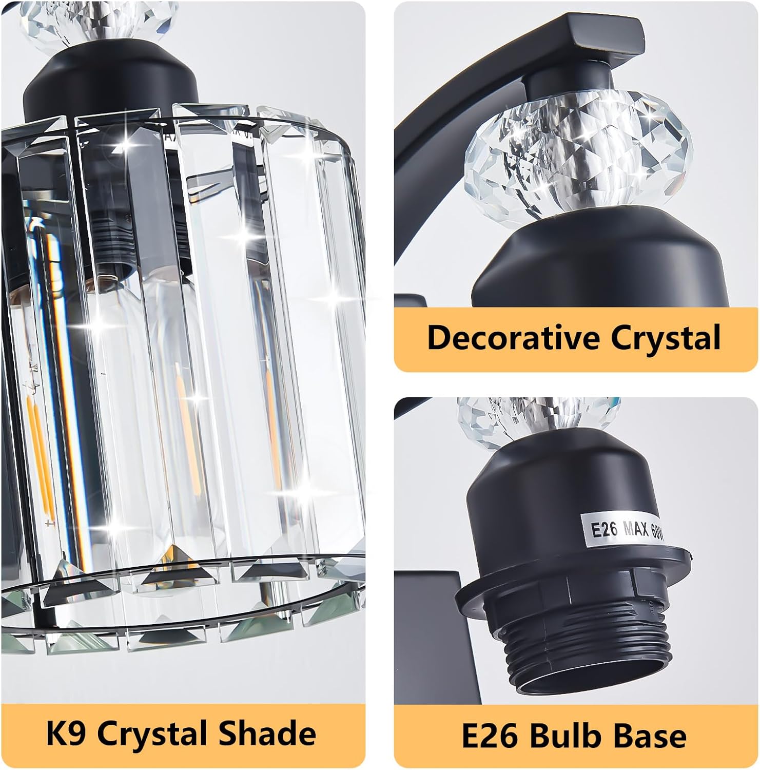 4-Light Black Bathroom Light Fixture Modern Vanity Lights Over Mirror Vintage Wall Sconce Lighting for Bathroom, Bedroom, Living Room, Hallway E26 Base with Crystal Bathroom Vanity Light