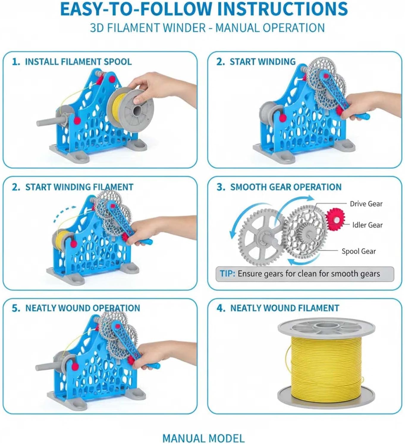 3D Printer Filament Retractor Hand-cranked Consumables Winder with Uniform Wire Routing Removable Modular Design for 3D Printing Enthusiasts (Blue)