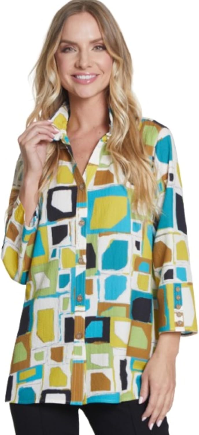 MULTIPLES Women's 5 Placket Three Quarters Sleeves Wire Collar Y-Neck Button Front Shirt