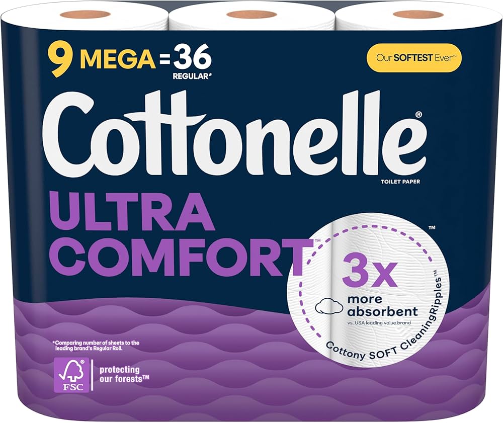 Cottonelle Ultra Comfort Toilet Paper, 9 Mega Rolls (9 Mega Rolls = 36 Regular Rolls), 244 Sheets per Roll, Packaging May Vary