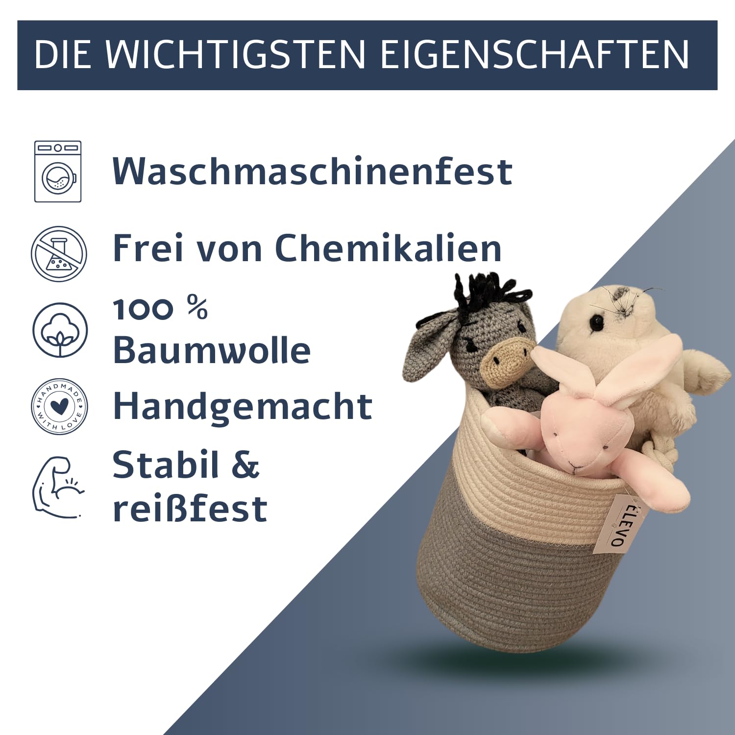 ELEVO Korb klein 23x28cm, Aufbewahrungsbox, Aufbewahrungskorb, Blumentopf, Wäschesammler, Spielzeugkiste, Treppenkorb, Seilkorb, Papierkorb, für Badezimmer, Organizer, Übertopf für Pflanzen (Größe M)