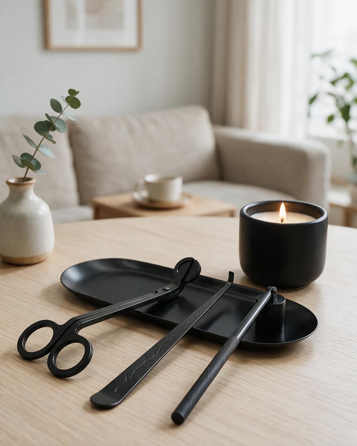 YOUTUOY 4 in 1 Candle Accessory Set, Matte Black | Storage Tray Plate, Candle Wick Trimmer, Candle Wick Snuffer, Candle Wick Dipper, Great for Scented Candles Lovers