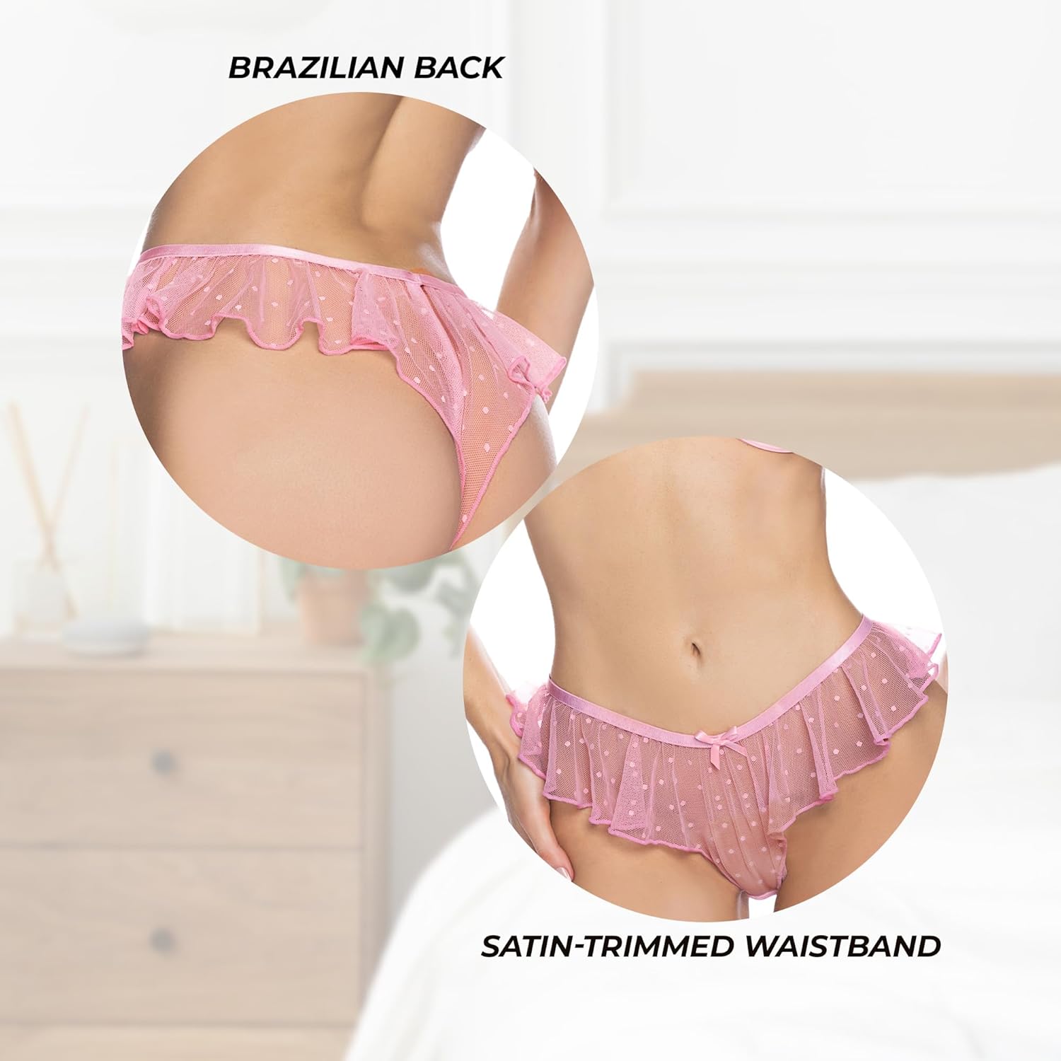 Sexy Bra And Panty Sets For Women, Roma Peek-A-Boo Bliss Lingerie Set, Dot Mesh Open Cup Underwire Bra & Ruffle Short Satin