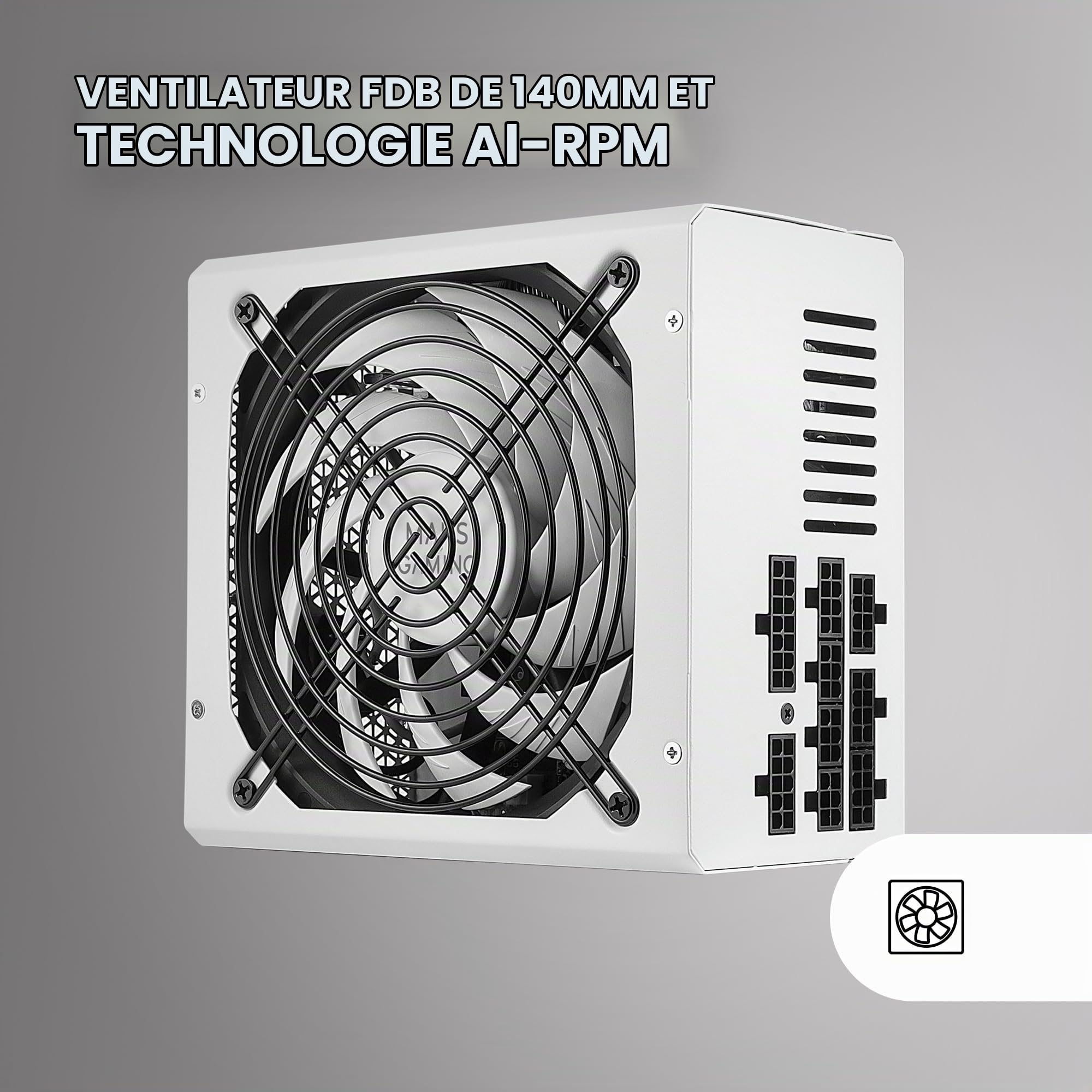 Mars Gaming MPZE750M, Alimentation Full Modulaire 750W ATX, 10 Ans Garantie, 80Plus Silver +87% d'EfficacitÃ, Ventilateur FDB 140mm avec Technologie AI-RPM, Condensateurs Japonais 105°, Blanc