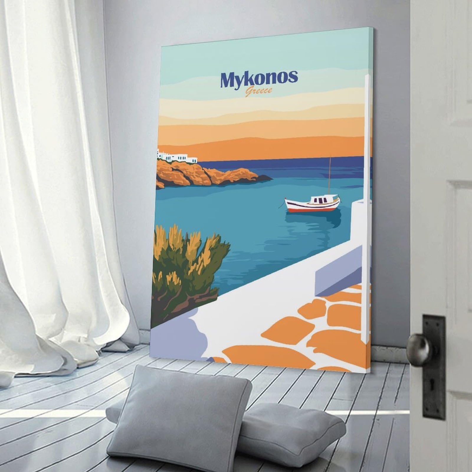 Junmoney Mykonos Greece Home Decor Wall Art, 24x36inch(60x90cm), for Lounge, Bedroom Or Personal Spaces, Thoughtful Wall Decor for Art Lovers