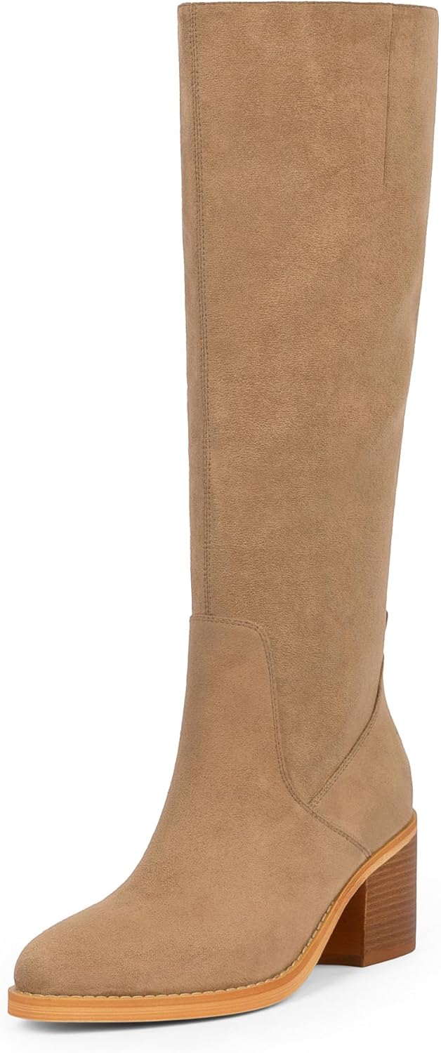 Knee High Boots Women Chunky Heel Rounded Toe Tall Boots Women Block High Heel Fall Long Boots