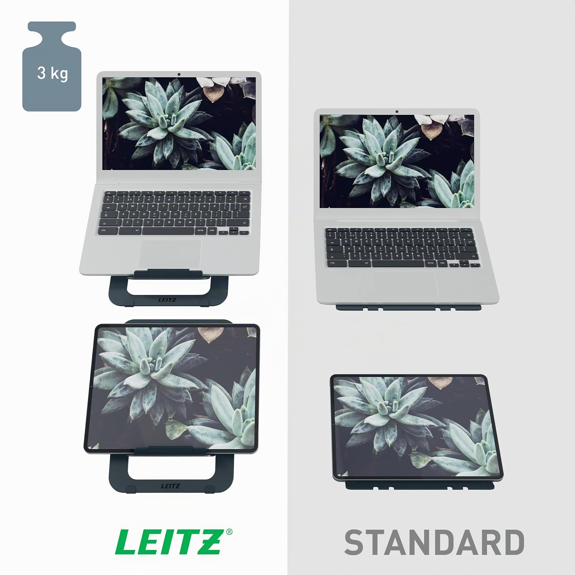 Leitz Supporto per Laptop in Alluminio, Design SlimLift, 5 Combinazioni di Altezza e Angolazione Preimpostate, per Laptop/Tablet da 10'' - 17'', Gamma Ergo, Grigio Scuro, 63460089