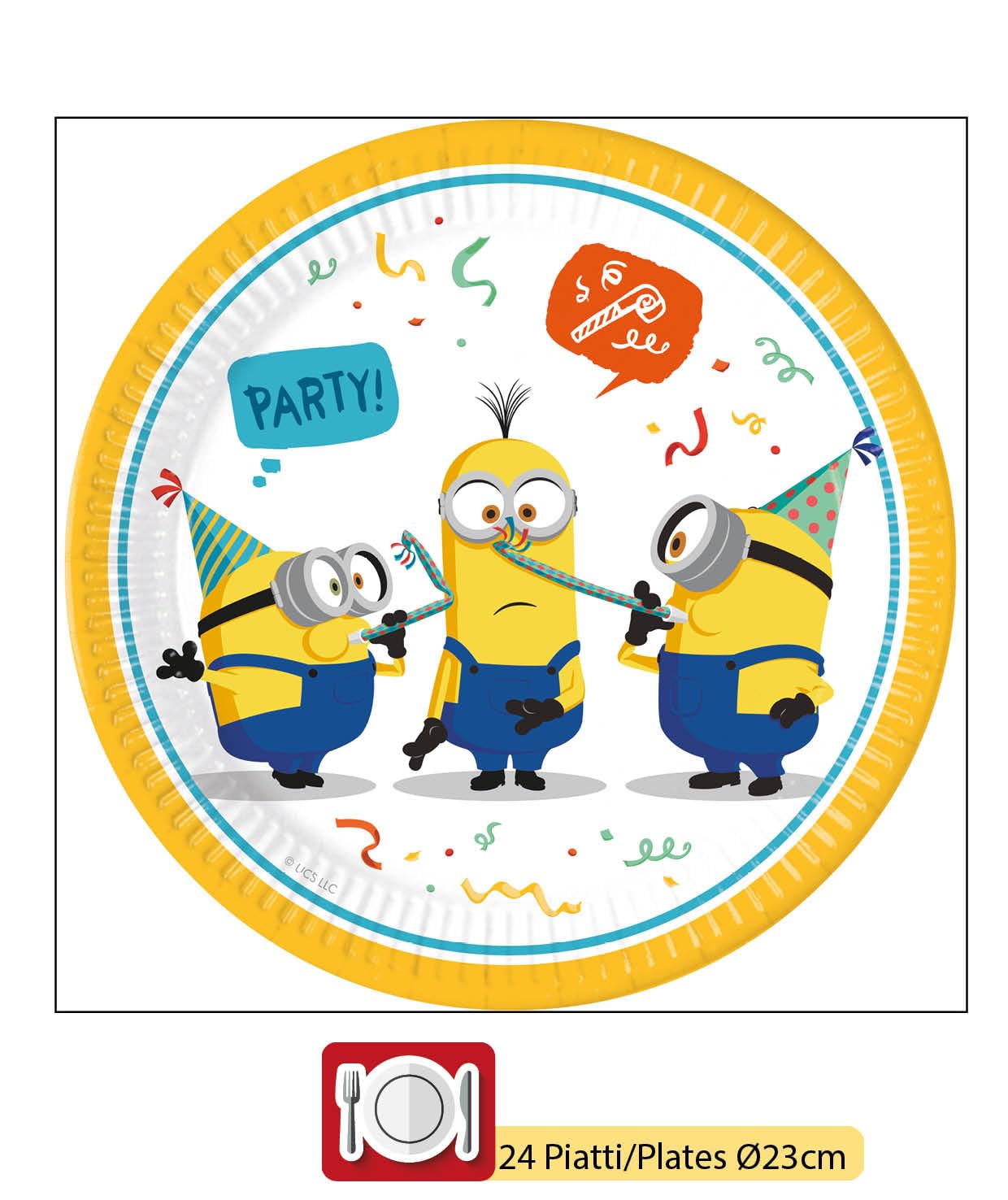 Kit Party Tavola Minions The Rise of Gru per 24 persone (88 pezzi: 24 piatti Ø23cm, 24 bicchieri 200ml, 40 tovaglioli 33x33cm)