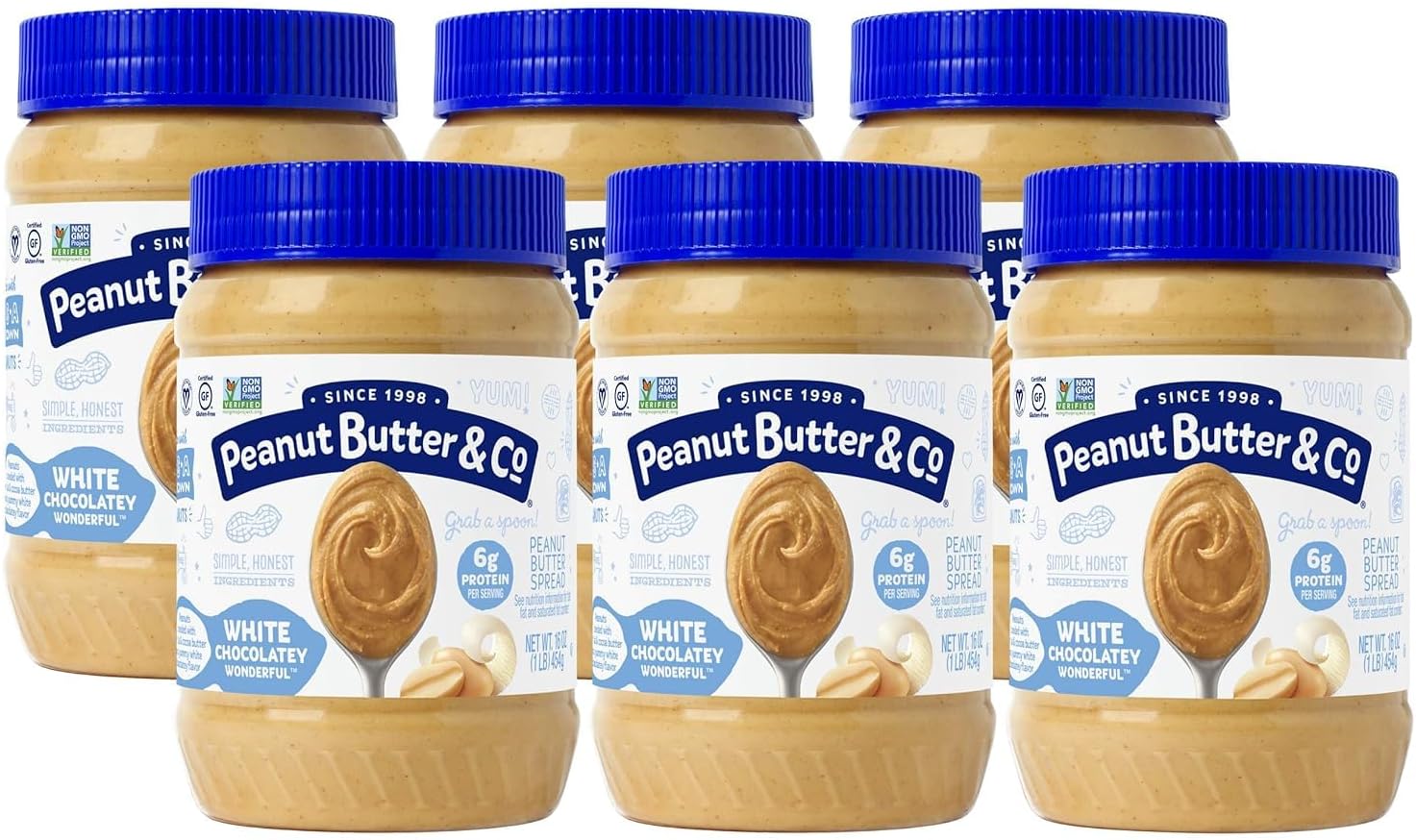 Peanut Butter & Co. White Chocolatey Wonderful Peanut Butter, 6g Protein, Non-GMO Project Verified, Gluten Free, Vegan, 16 Ounce (Pack of 6)