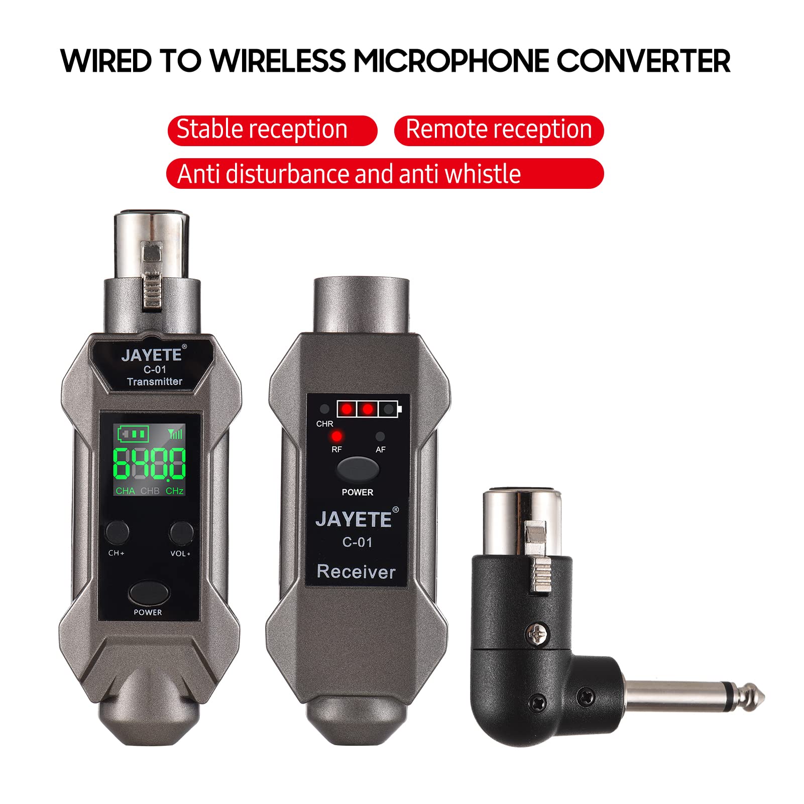 Btuty UHF Convertitore da microfono cablato a wireless Microfono Trasmettitore e ricevitore Compatibile con microfono dinamico/condensatore