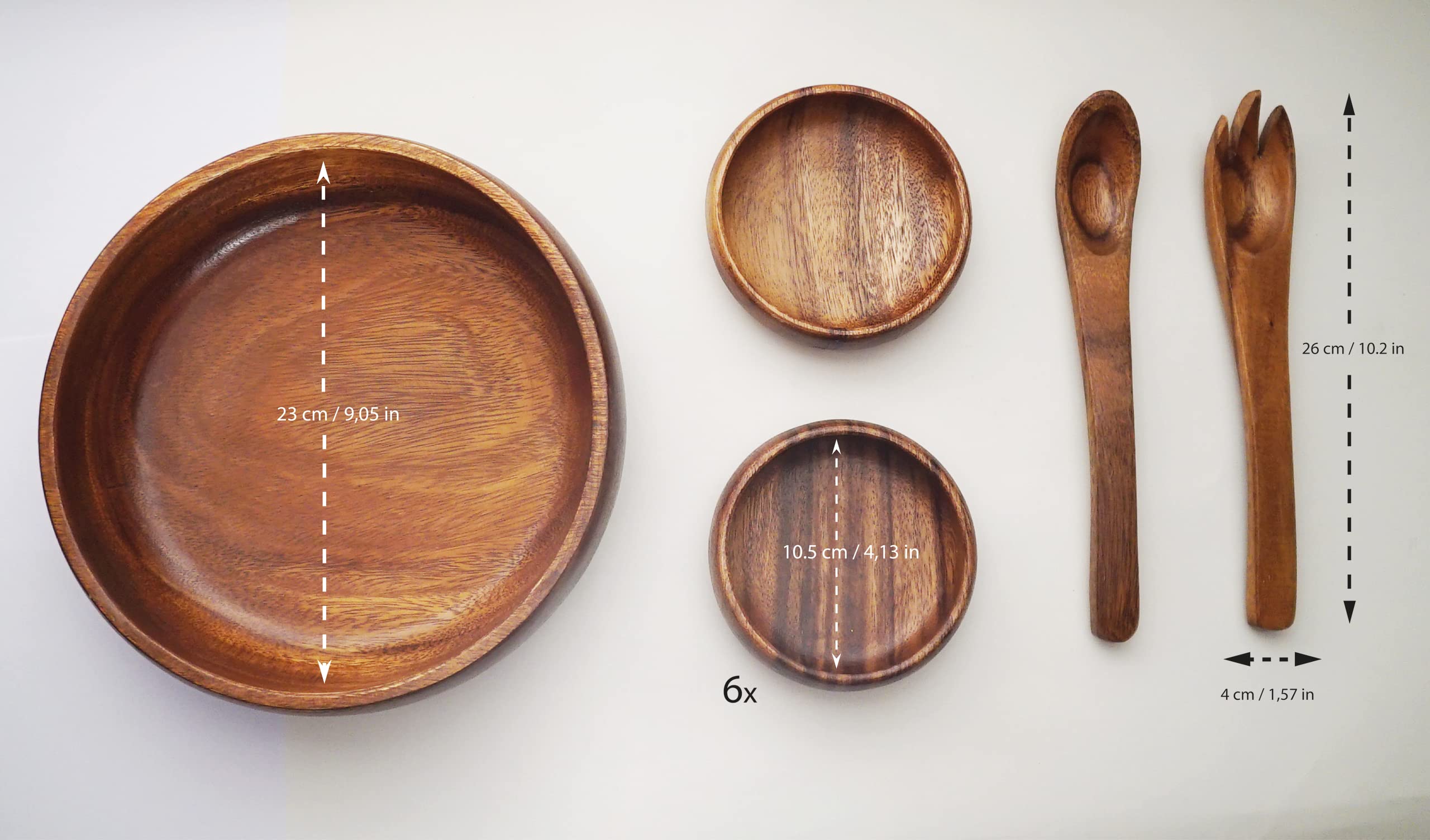 Genérico Set Ensaladera de Madera de Acacia compuesto por ensaladera de 23 cm, 6 Cuencos de 12 cm y 2 Cubiertos