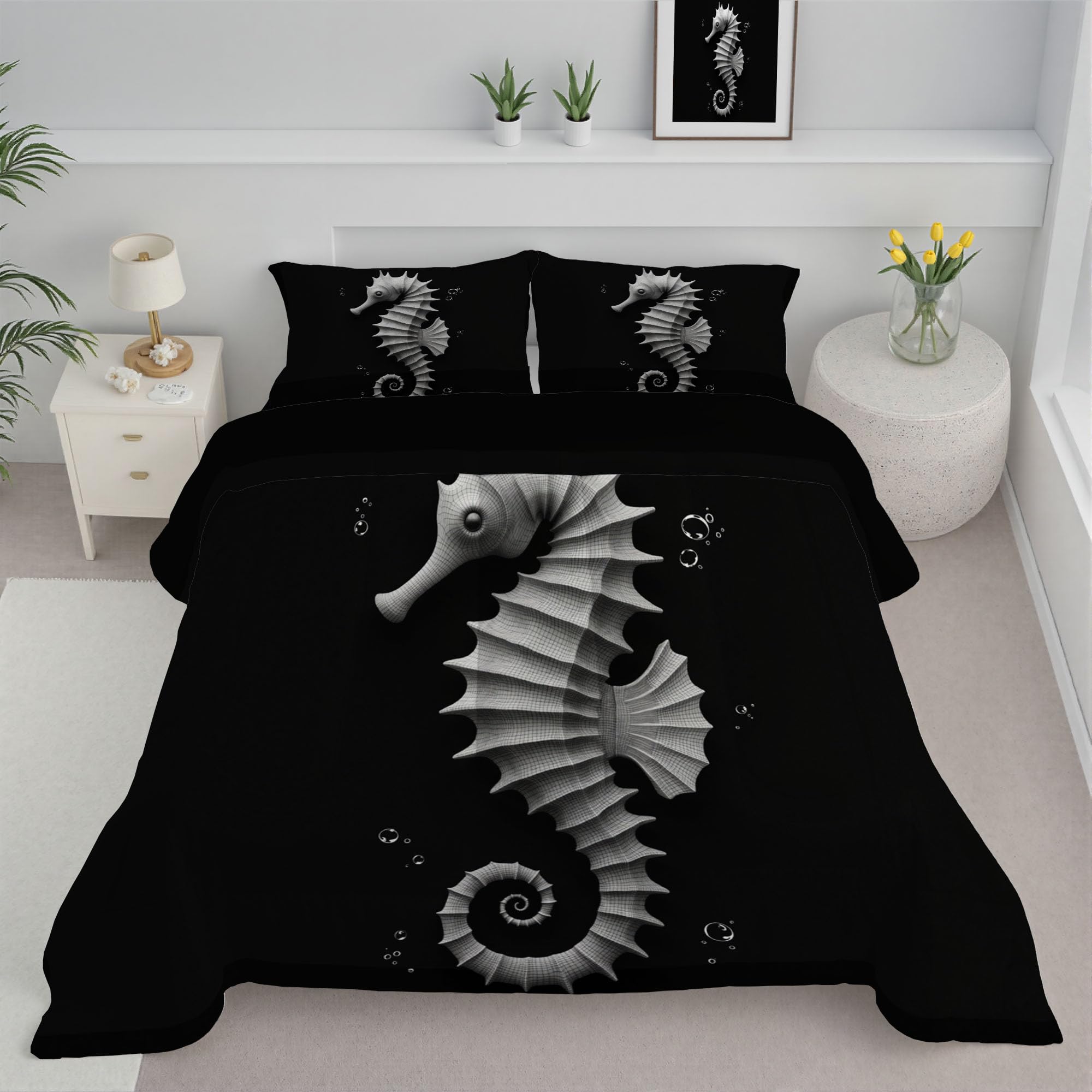 Edredón Nórdico Cama 90, Relleno Nórdico Estampado Sencillo Caballito Mar 140x200cm con 1 Fundas de Almohada 50x75 cm, Arte Lineal Animales Edredón 4 Estaciones Infantil y Juvenil