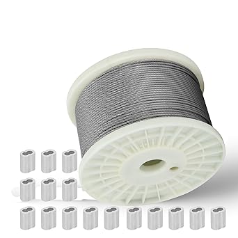 5/64 Stainless Steel Cable Wire Rope 500ft, 7x19 Strands Stainless Steel Aircraft Cable, for Deck Railing, String Light Hanging, Marine Rigging, Garden Wire with 60 M2 Crimping Loops