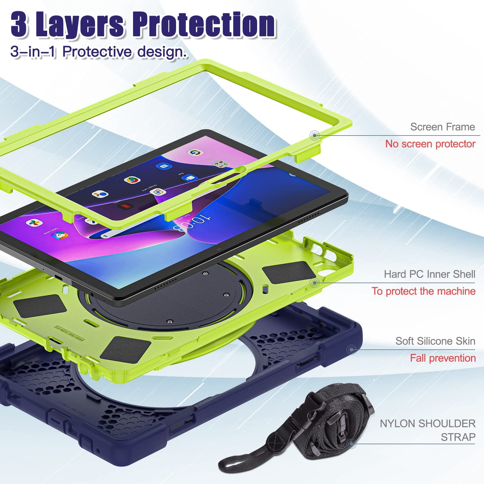 Custodia per Tablet PC Custodia in TPU antiurto Compatible with impieghi gravosi compatibile con Lenovo M10 3RD 10.1" TB-328FU/XU, tracolla con impugnatura rotante, copertura protettiva antiurto antiu