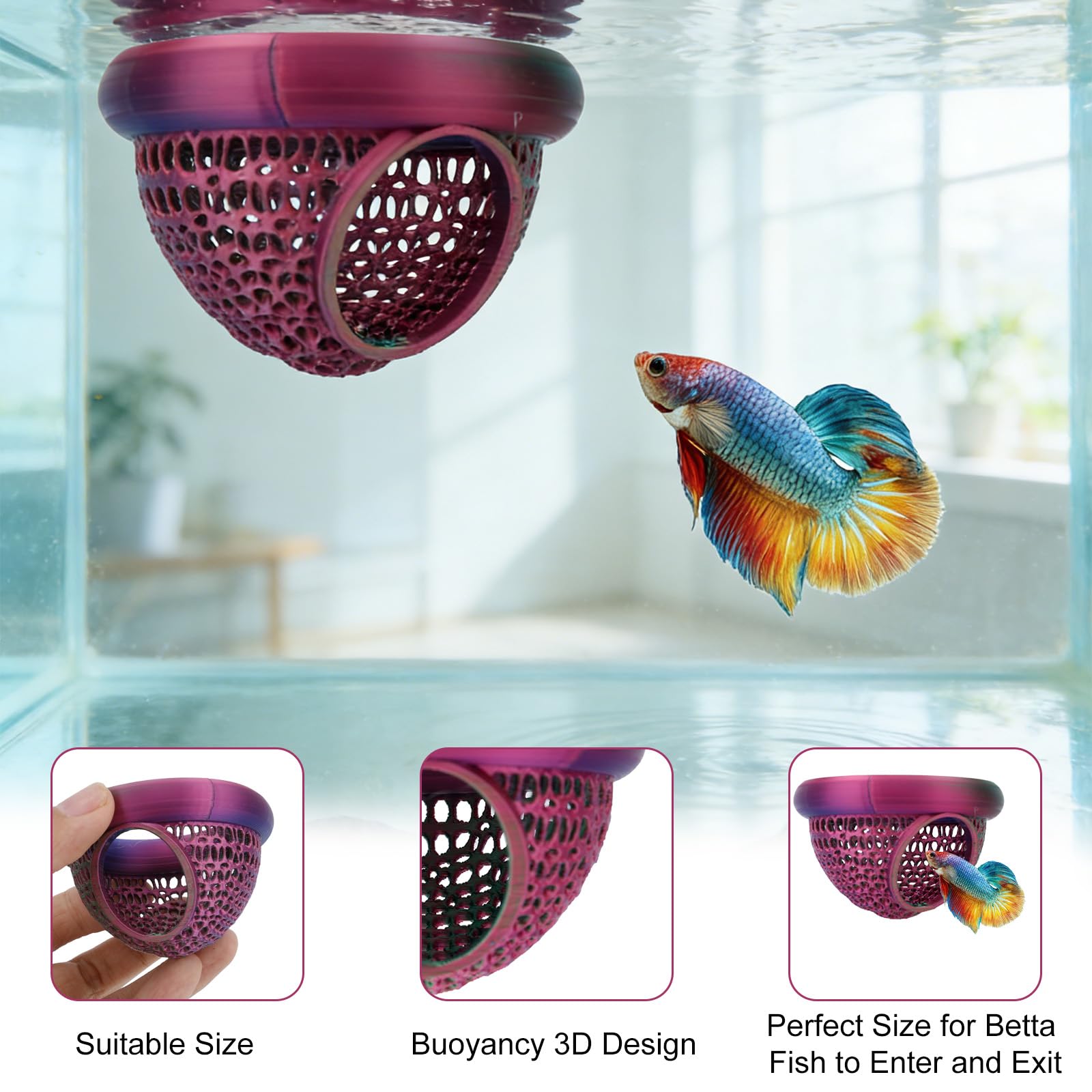 Penitue Betta Set Nascondiglio Galleggiante Acquario Foglie Anello Alimentazione Zona Riposo Accessori Decorativi