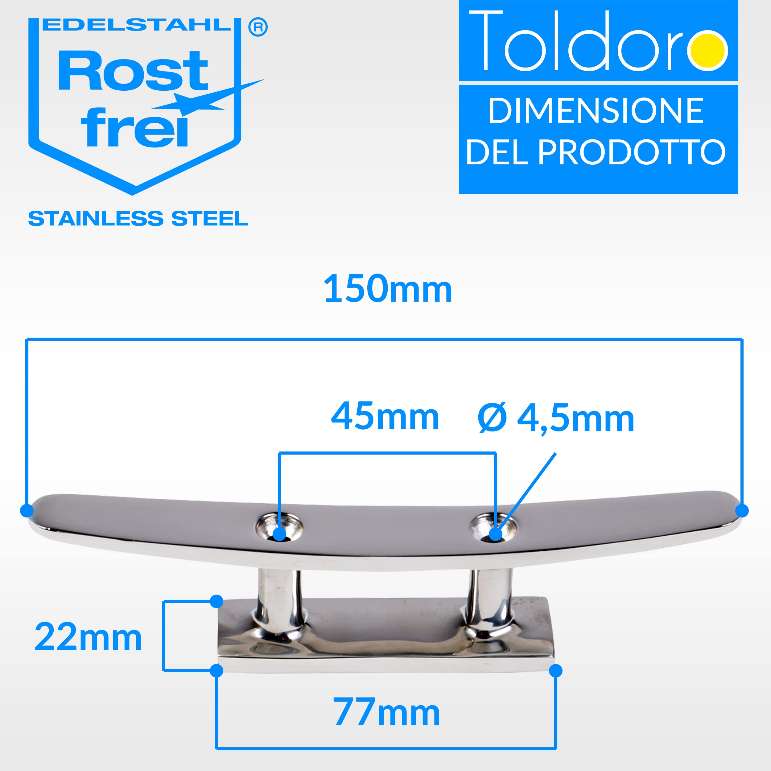 Toldoro, galloccia con fissaggio a 2 buchi, gancio per corda, ormeggio di barche a vela, windsurf, ganci fissa-corda per attracco barca