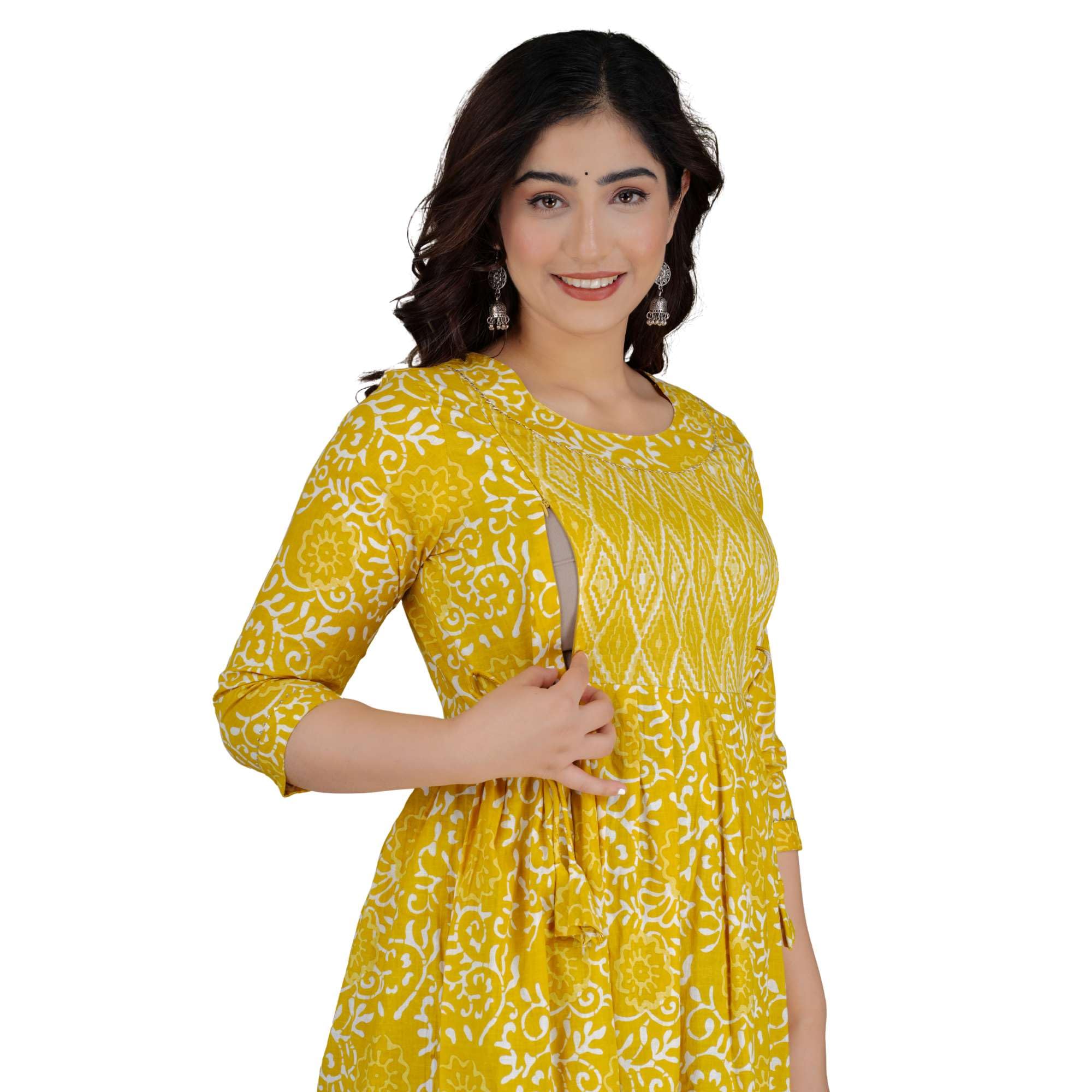 Women’s Cotton Maternity Kurta with Concealed Feeding Zipper | A-Line Nursing Kurti 3/4 Sleeve Pregnancy Wear-image-21