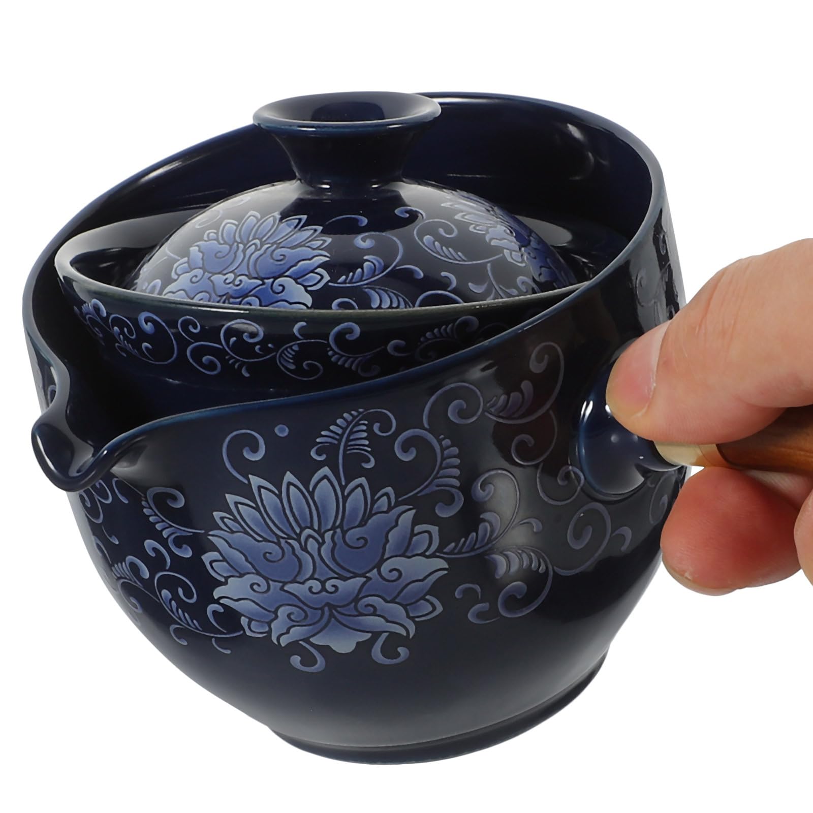 Tetera Giratoria de Cerámica y Madera Asa Lateral Tetera Tradicional para Preparar Té Suelto Portátil para Hogar y Oficina para Infusiones de Té