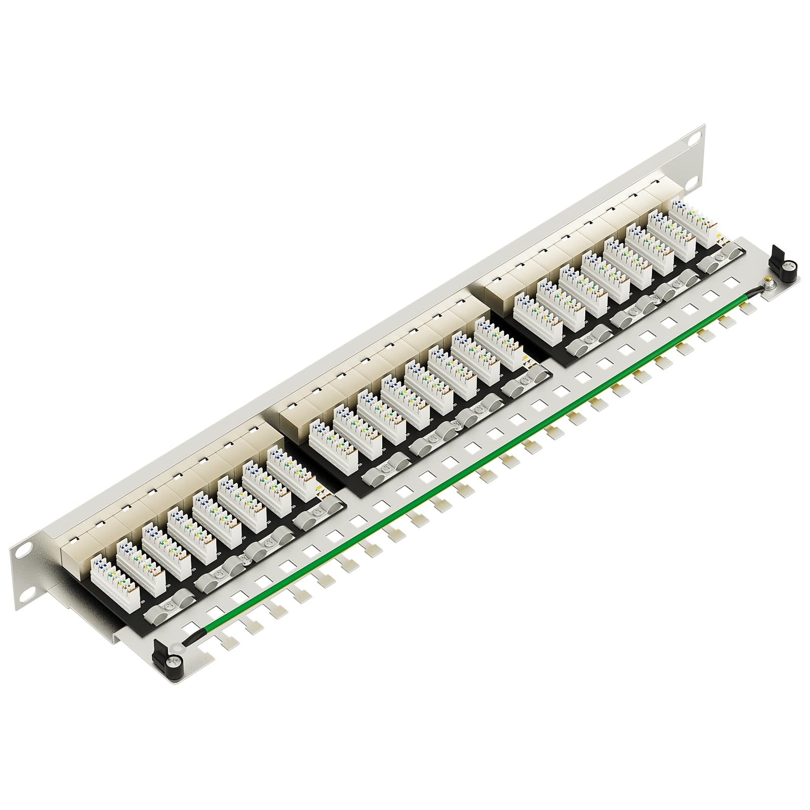 FGB Pannello patch CAT 7, pannello di distribuzione 24 porte, 19", 1U, grigio chiaro | Montaggio in rack da 19", montaggio server, RJ45 schermato, pannello patch di rete schermato, per switch di rete Gigabit